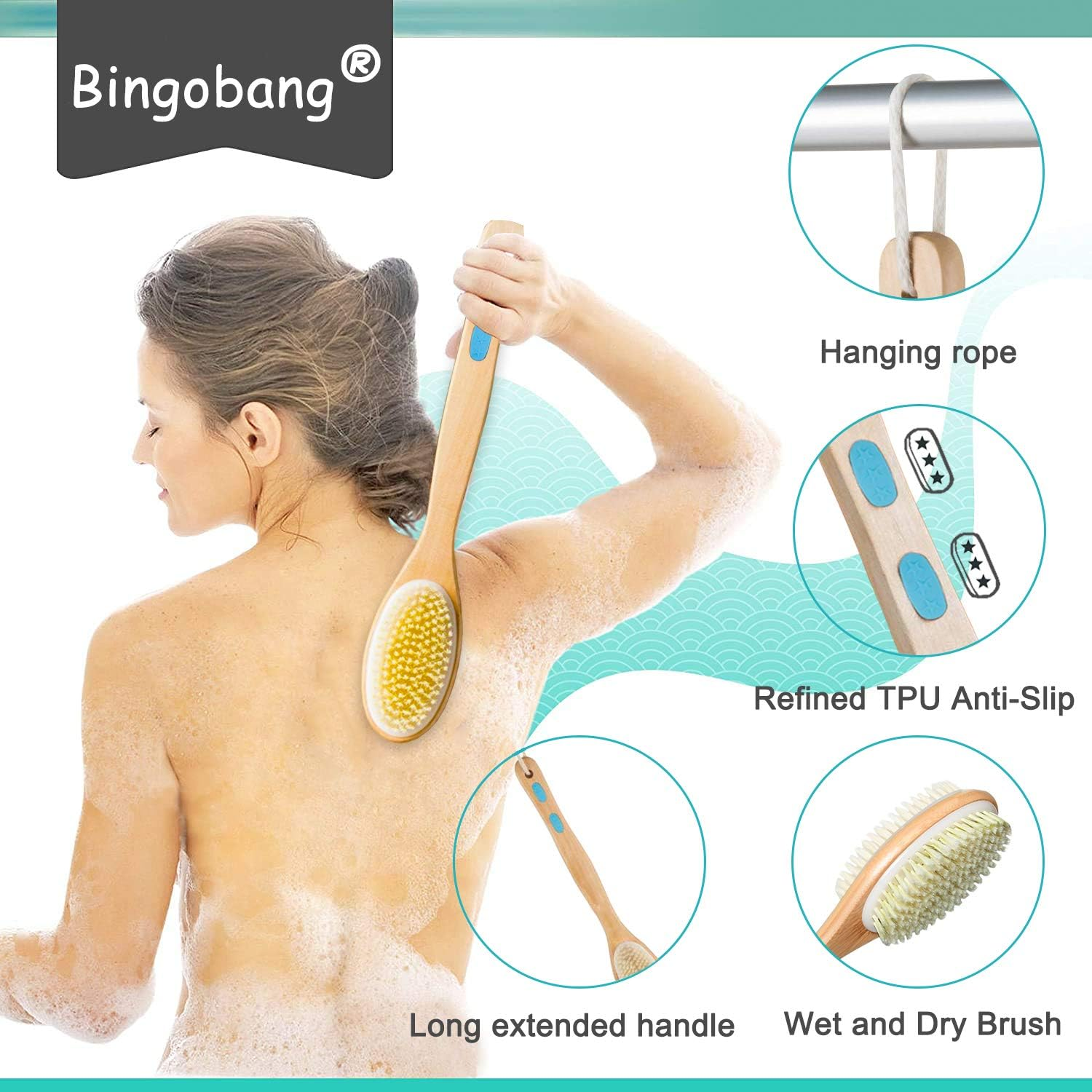 Bingobang Shower Brush for Exfoliating Skin,Wet Dry Body Brush with Long Wood Handle,Bath Back Cleaning Scrubber for Cellulite,Lymphatic Massage,Blood Circulation,Foot Exfoliate Soft Stiff Bristles image number 5