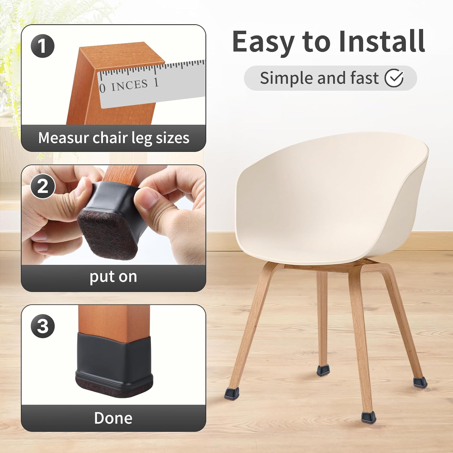 16PCS Chair Leg Floor Protectors, Rectangle Chair Leg Protection Caps, Small Black Silicone Chair Leg Covers with Felt Pads for Hardwood Floors, No Noise No Scratches image number 3