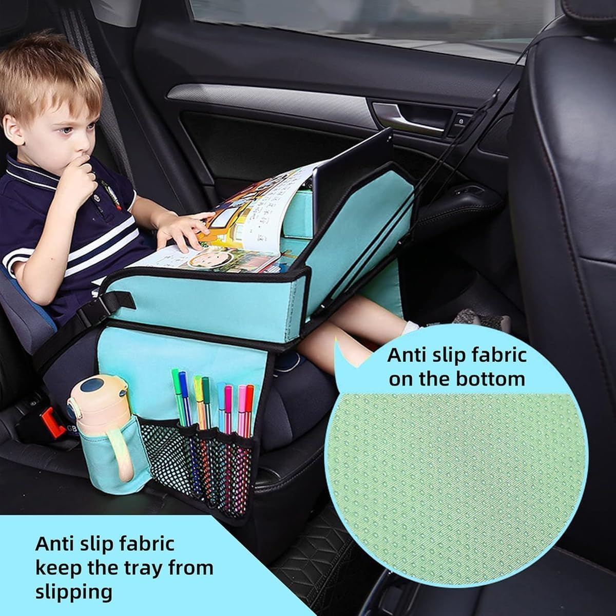 Cyanmor Kids Car Storage Travel Tray, Toddler Car Seat Tray Play Table Rack, Portable Multi-Functional Back Seat Accessory for Kids Traveling (Blue) image number 3