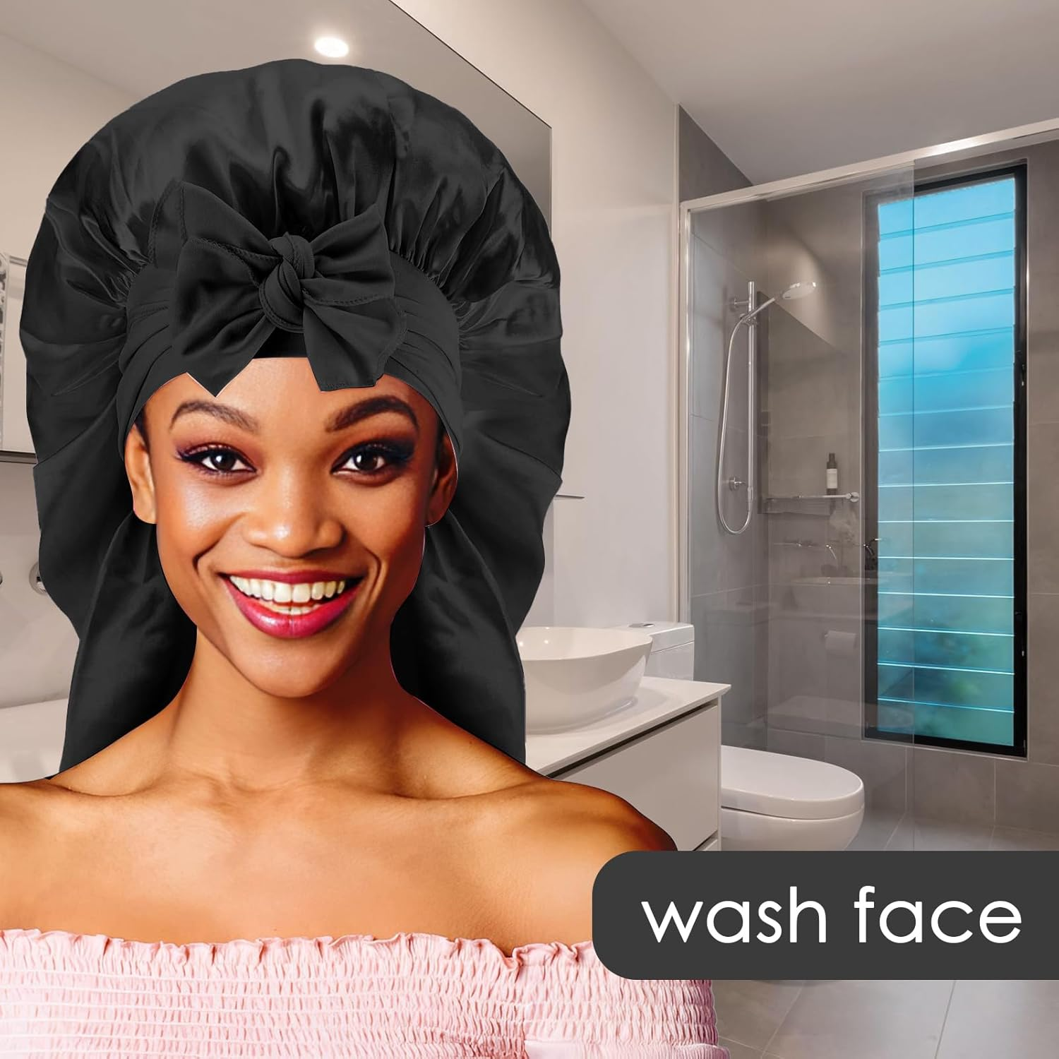 Extra Long Satin Bonnet for Women, Adjustable Braid Bonnet with Tie Band, Double Layer Elastic Silk Headwear, Black, One Size image number 4