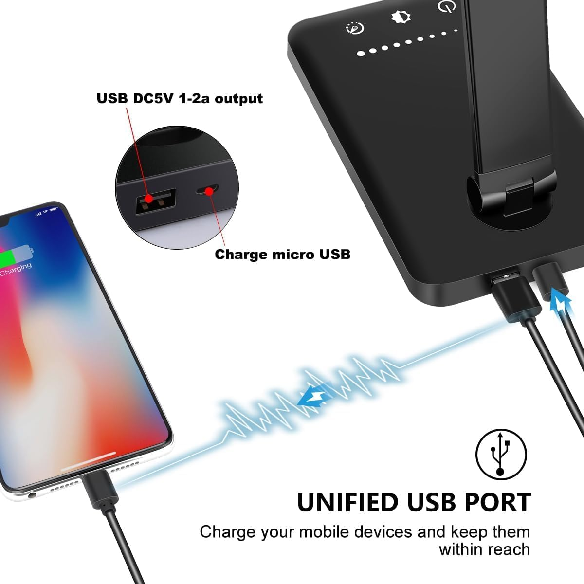 LED Desk Lamp for Office Home, Bright Desk Light with USB Charging Port, 5 Color Modes with 10 Brightness Level, 30/60 Minutes Timer, Touch Study Lamp for Nail, Craft, Puzzle, Sewing, Study, Black image number 3