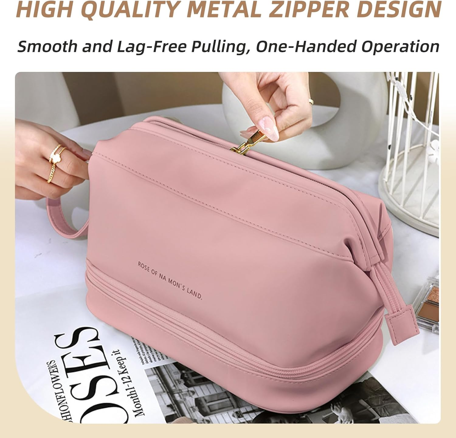 JZS Large Capacity Makeup Bag Ladies Cosmetic Bag Travel Bag with Compartments Portable PU Leather Travel Makeup Bag with Handle Pink - Pink image number 4