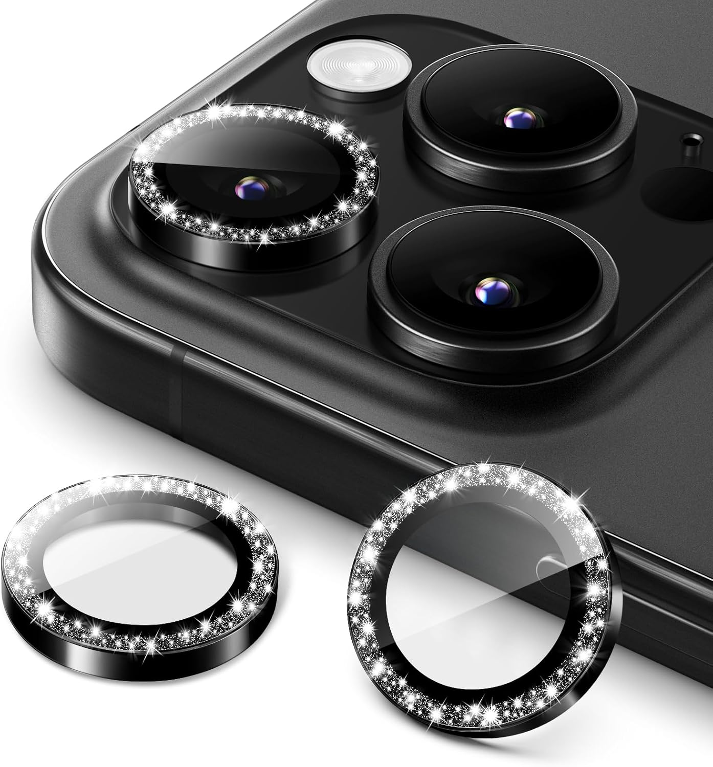 Jetech Camera Lens Protector for Iphone 16 Pro 6.3-Inch and Iphone 16 Pro Max 6.9-Inch, Bling Glitter Individual 9H Tempered Glass Metal Ring Cover, HD Clear, 1 Set (Desert Titanium)