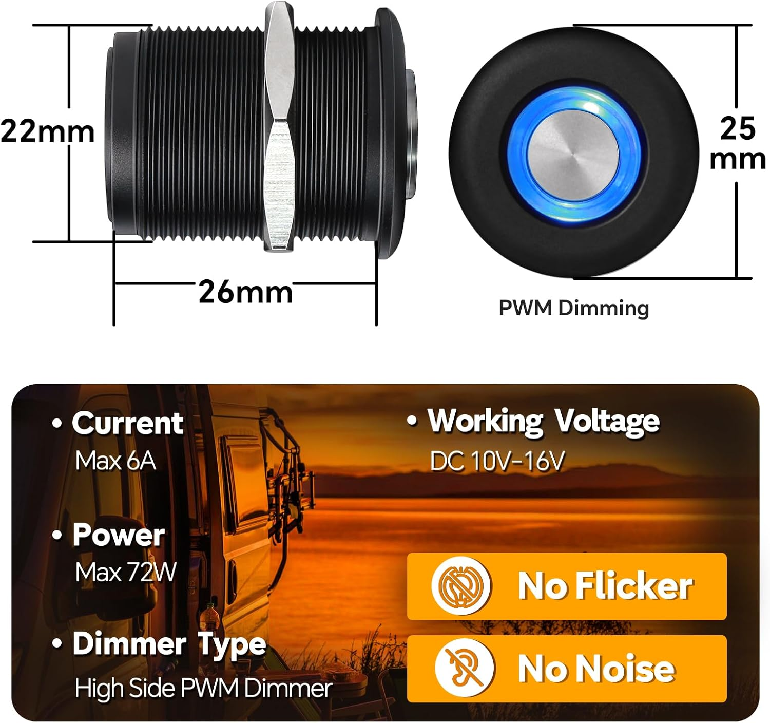 Obeaming 12V Dimmer Campervan Boat Light High-Side PWM Dimming Switch, 22Mm Mounting Hole with Blue Backlight for LED Strip Light 12V LED Halogen Incandescent, All-Aluminum Shell 6A (Black)