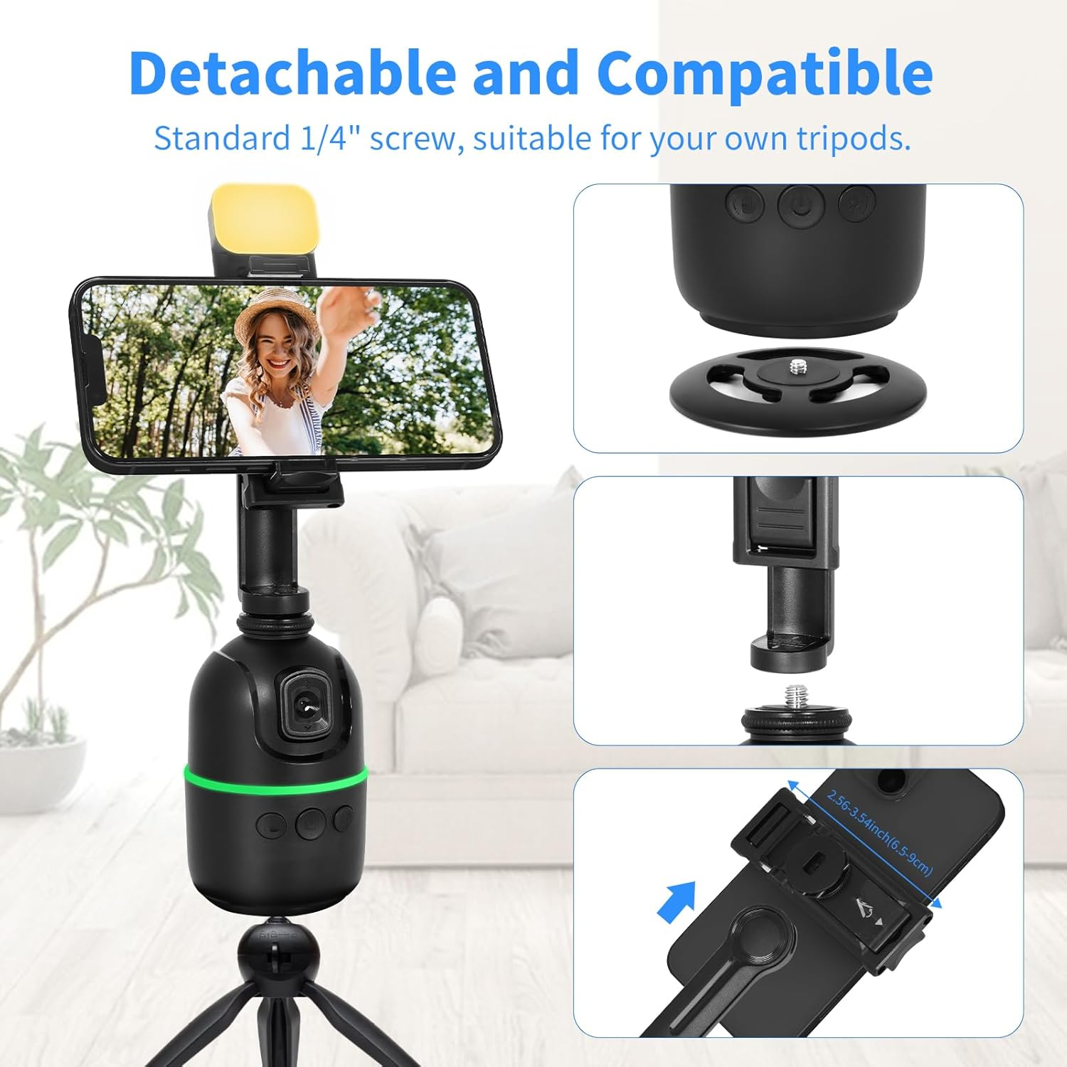 Kozyone Auto Face/Body Tracking Tripod, No App Required, 360&deg; Rotation Phone Holder with Fill Light, Auto Tracking Phone Stand, Smart Gesture Control, for Vlog, Tiktok, Streaming, Zoom image number 3