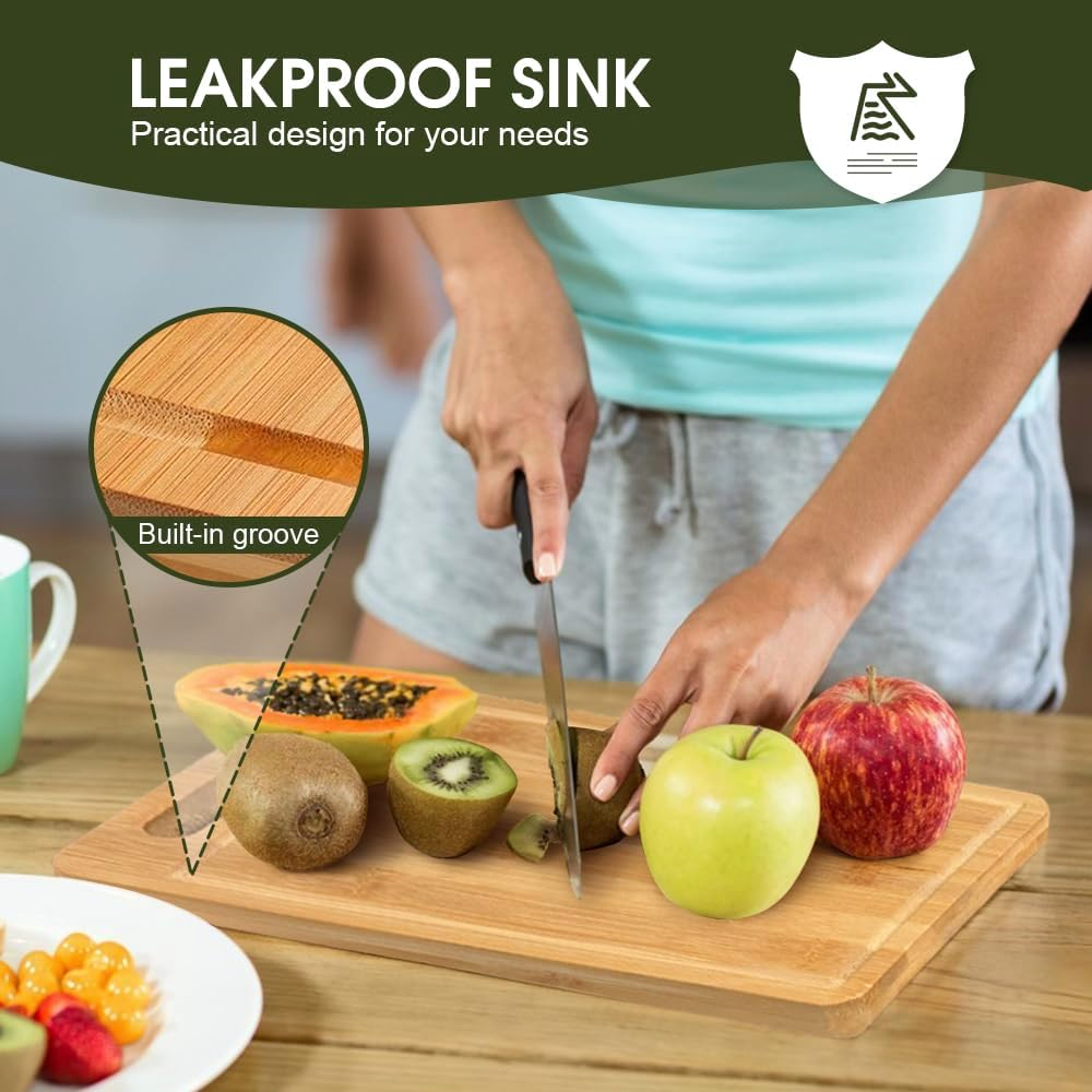 Chamgeco 3-Piece Reversible Bamboo Cutting Boards, Wooden Chopping Boards Set for Meat Vegetables Cheese, Chopping Mats Serving Tray with Juice Grooves & Handles Perfect for Meal Prep, Charcuterie image number 1