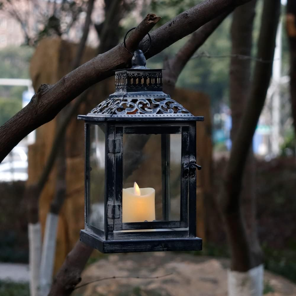 JHY Design Set of 2 Black with Grey Brush Decorative Lanterns, Metal Candle Lanterns for Indoor Outdoor, Events, Paritie and Weddings Vintage Style Hanging Lantern image number 1