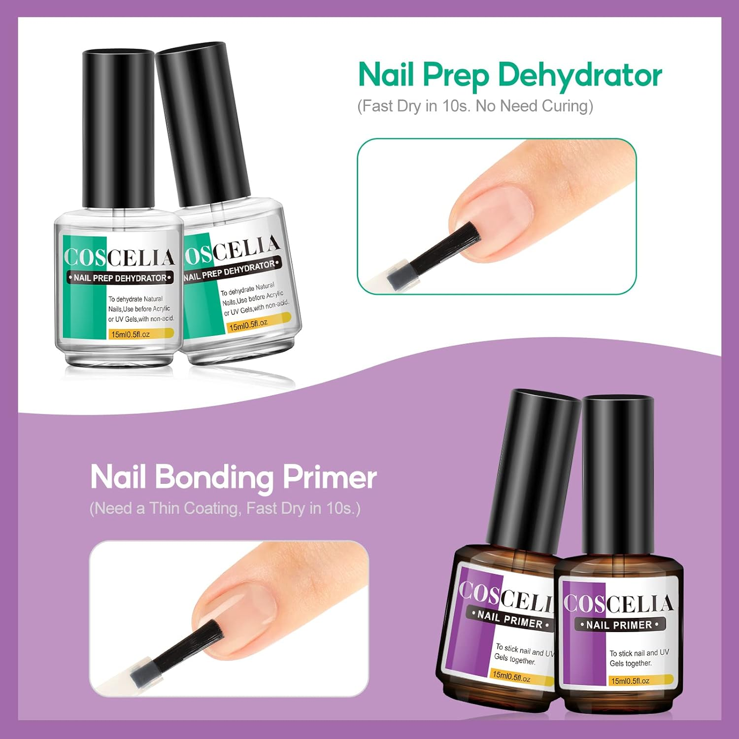 COSCELIA Nail Dehydrator and Primer Set for Gel Nails, 15Ml 4 Pcs Gels No Burn Non Acid Nail Primer and Dehydrator for Acrylic Nails, Poly Nail Gel,Nail Art Kit image number 2