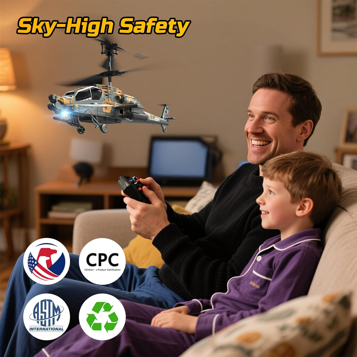 DEERC RC Helicopter for Adults, Apache Remote Control Helicopter for Kids 8-12, Toy Helicopter RC with LED Lights, 2 Batteries, Altitude Hold, 2.4Ghz Military Helicopter for Indoor, Ideal for Birthday image number 2