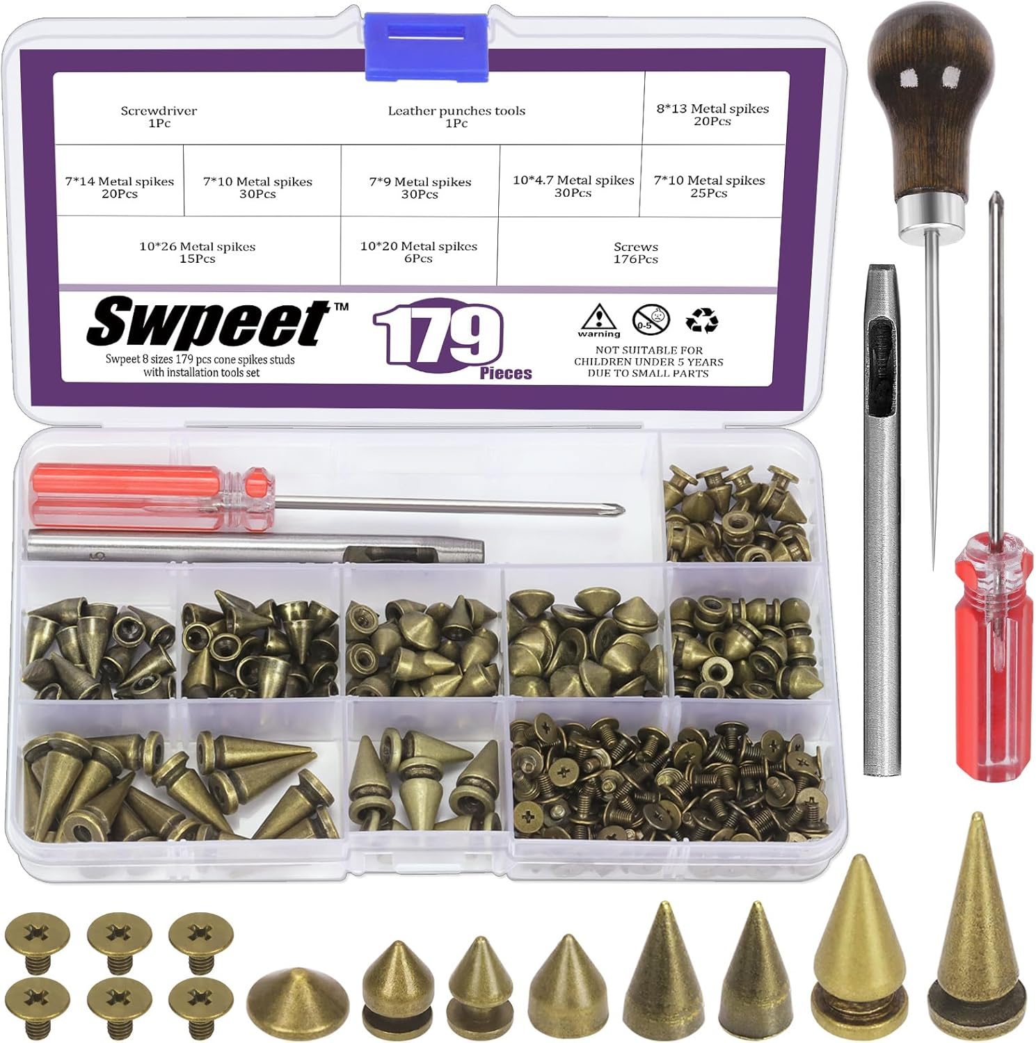 Swpeet 179 Sets 8 Sizes Bronze Cone Spikes with Scratch Awl Screwdriver Punch Assortment Kit, Punk Spikes and Studs Metal Tree Spikes Bullet Spikes Screwback Studs for Punk Clothing Craft DIY
