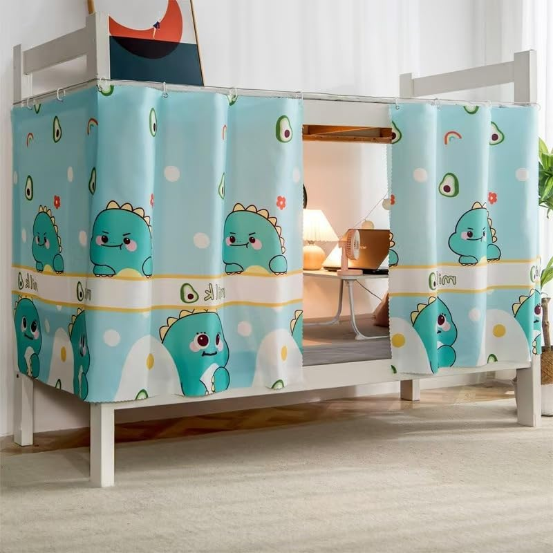 Bottom Bunk Bed Curtains Sheer Privacy Cloth Underbed Curtains for Low Loft Bed Twin, 2 Panels, Light Blue Dinosaur image number 4