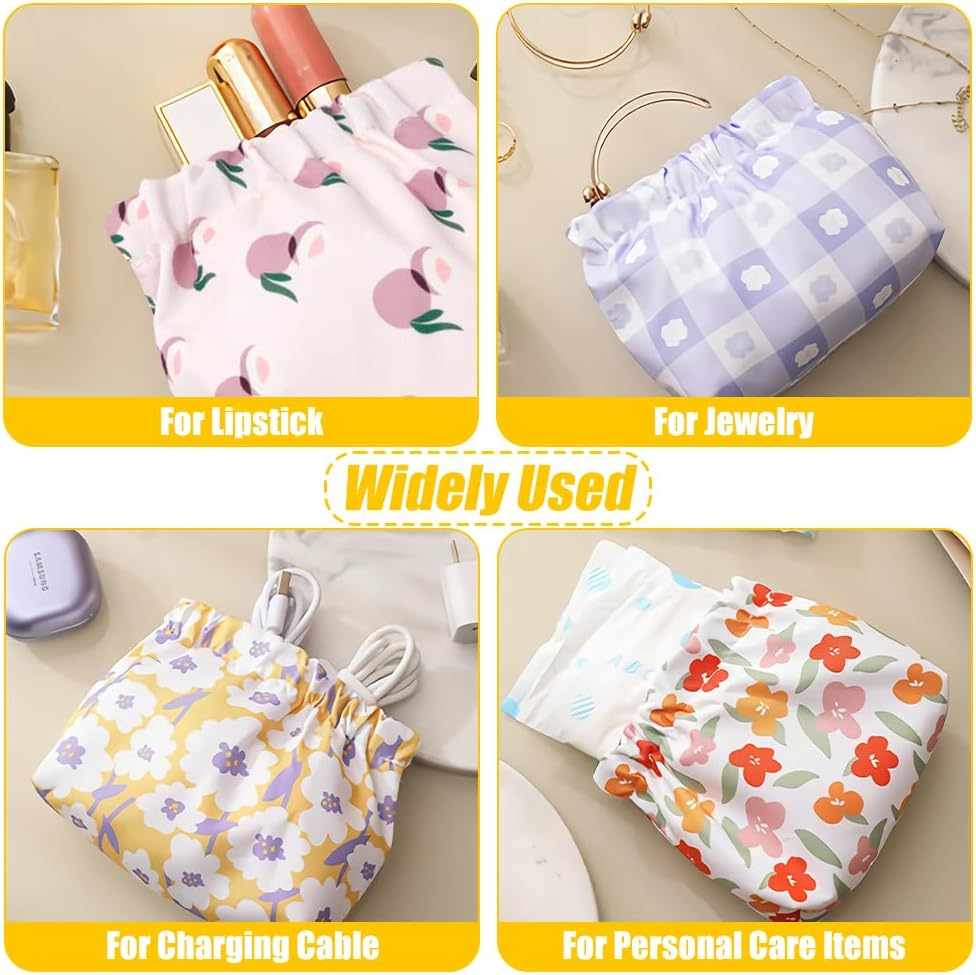 Pocket Cosmetic Bag, 6PCS Mini Makeup Bag for Purse, Waterproof Portable Cute Printed Travel Makeup Pouch, No Zipper Self-Closing Purse Organizer Bag for Lipstick Headphones Jewelry