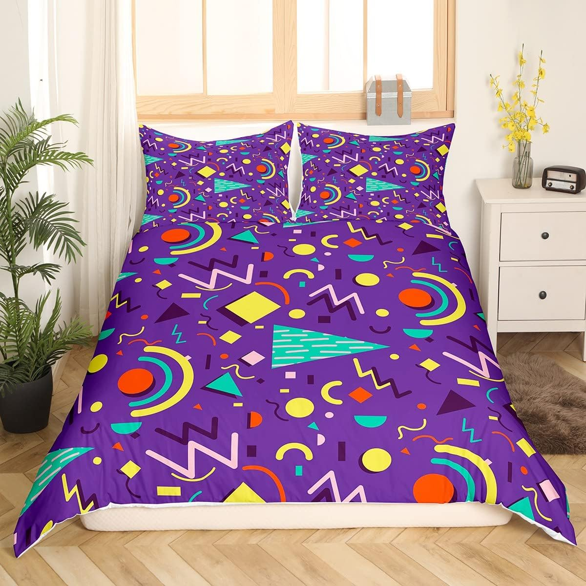 Memphis Duvet Cover Hipster Retro Bedding Set, 80S and 90S Hip Hop Funky Comforter Cover Colourful Pop Art Inspired Pattern 135 X 200 Cm Bed, Watercolour Memphis Geometric 80S Bedroom Decor image number 3