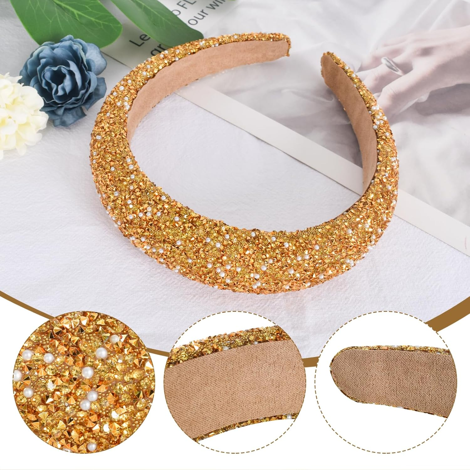 Rhinestone Headbands, Gold, Sparkling Crystal Headwear, Jewelry Headband, Diamond Bling Rhinestone Wide Hairband, Non Slip Glitter Hair Hoop, Faux Crystal Diamond Headpiece for Women Girls image number 3