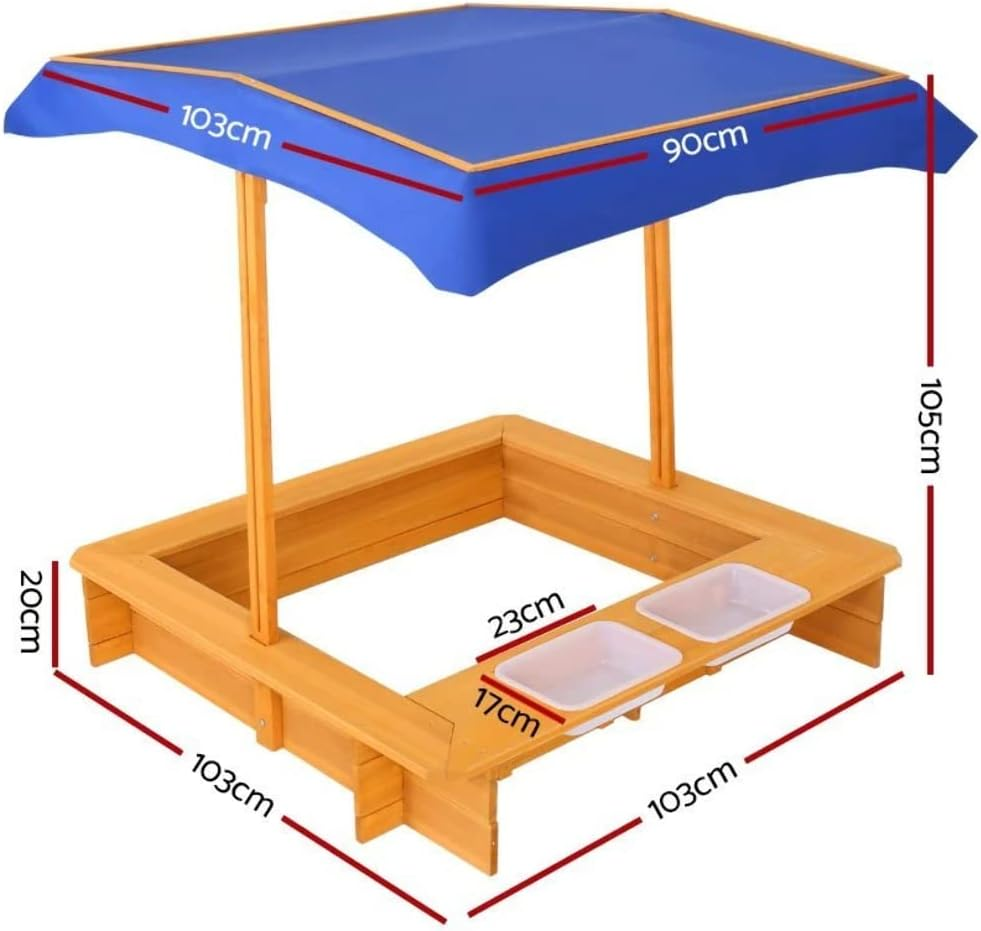Keezi Kids Sandpit, Wooden Water Table Sand Pit Play Toys Sandcastle Garden Patio Beach Activity Outdoor Toy Games, with Adjustable Canopy Ground Sheet 2 Basins Nature Wood image number 4