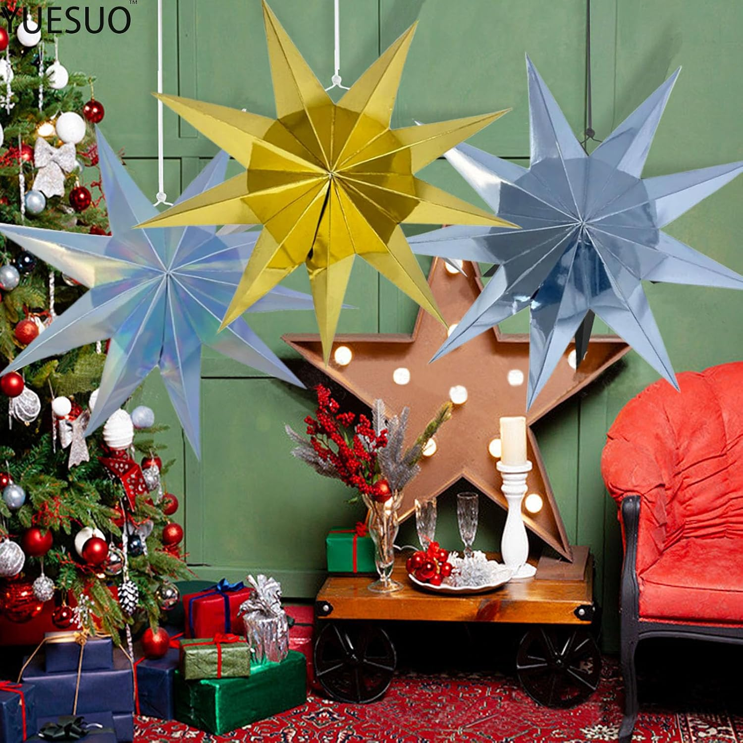 YUESUO 3 Pcs Paper Star 9 Pointed Star Lantern Hanging Christmas Day Decoration for Wedding Birthday Party Home Decor (Gold+Silver+Colorful) - Gold+Silver+Colorful image number 1