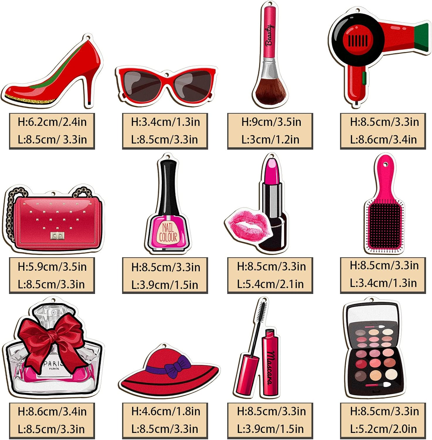 Blulu 12 Pieces Christmas Makeup Ornaments Wooden High Heels and Lipsticks Hair Salon Ornament for Christmas Tree Hanging Decor (Beauty Style) image number 2