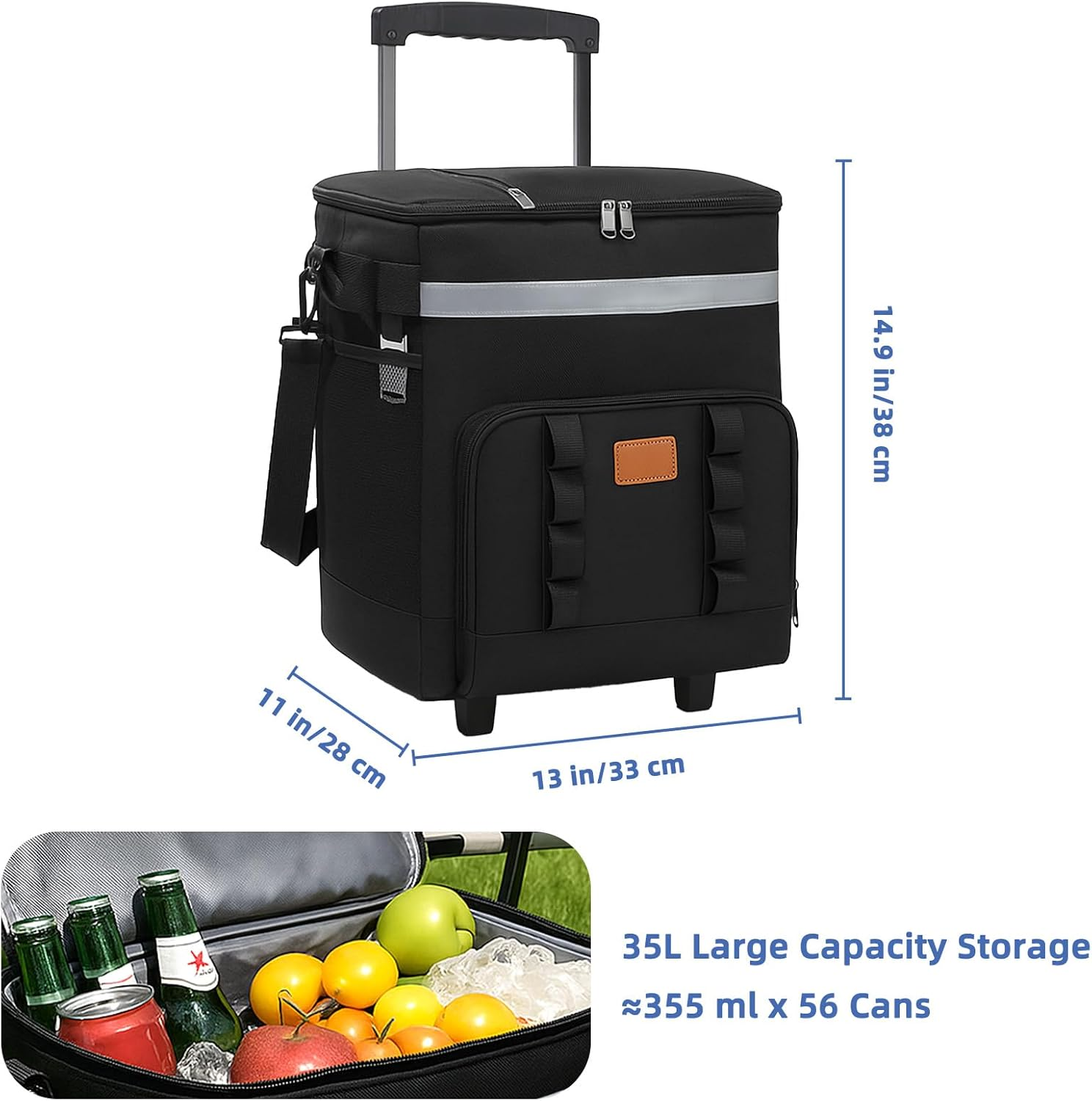 35L Collapsible Insulated Cooler Bag, Black Large Lunch Box, Leakproof Multi-Purpose Cooler with Wheels and Handle for Camping, Picnic & Grocery image number 1