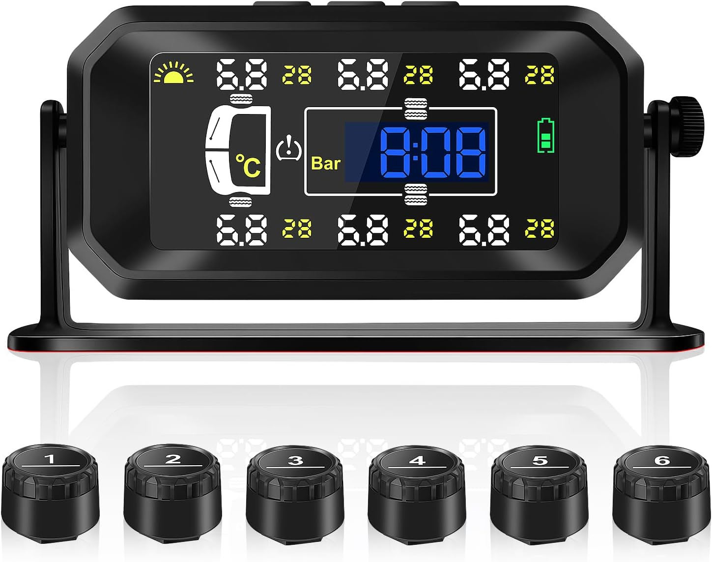 Tyre Pressure Monitoring System, Wireless Solar TPMS with 6 External Sensors, Real-Time Monitoring Pressure &Temperature, Auto Sleep Mode, Tire Pressure Sensors for RV Trailer Truck Pickup(0-144 PSI) image number 5