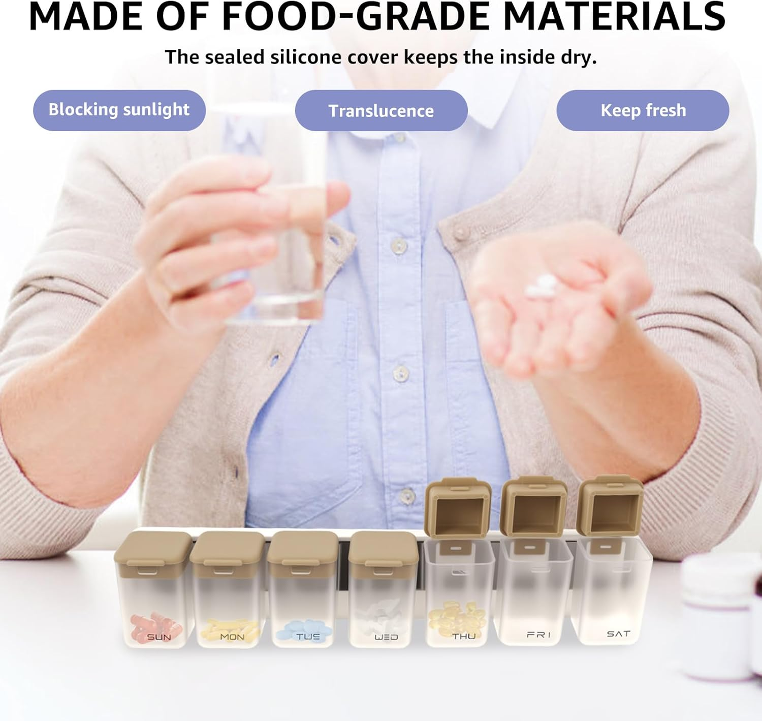 Weekly Pill Organizer with Sealed Lid, Magnetic Weekly Pill Dispenser Box for Fridge, Plastic Removable Large Capacity Pill Case for Supplement Vitamins Fish Oil (Grey) image number 1