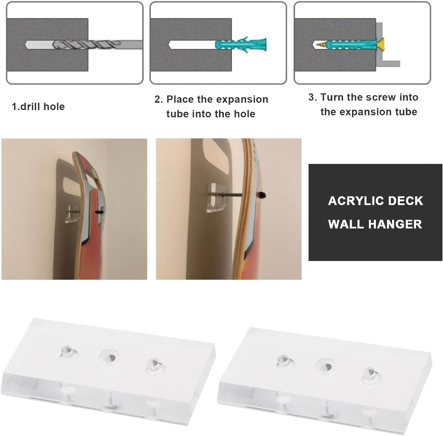 Emagtech 2Pcs Acrylic Wall Deck Hanger Acrylic Skateboard Wall Mount Bracket Skateboard Wall Hanger Acrylic Wall Deck Holder Wall Decoration Hanger image number 4