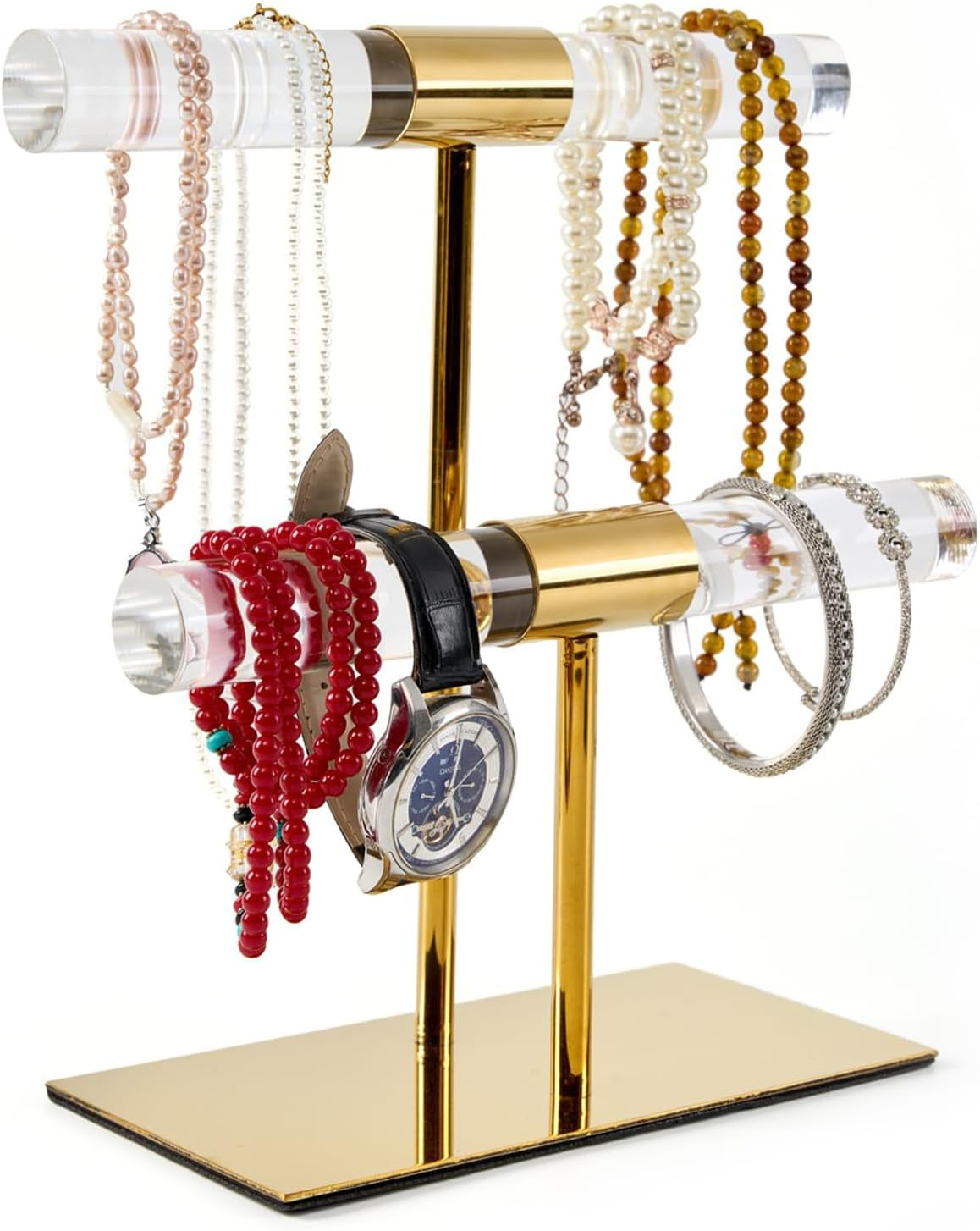 UPAUS Display Stand Acrylic Jewelry Towers, 2-Tier Gold Stainless Steel Jewelry Display Stand, Crystal T Bar Jewelry Organizer, Long Necklaces Stand Holder, Home Decor for Store Boutique Vendors image number 1