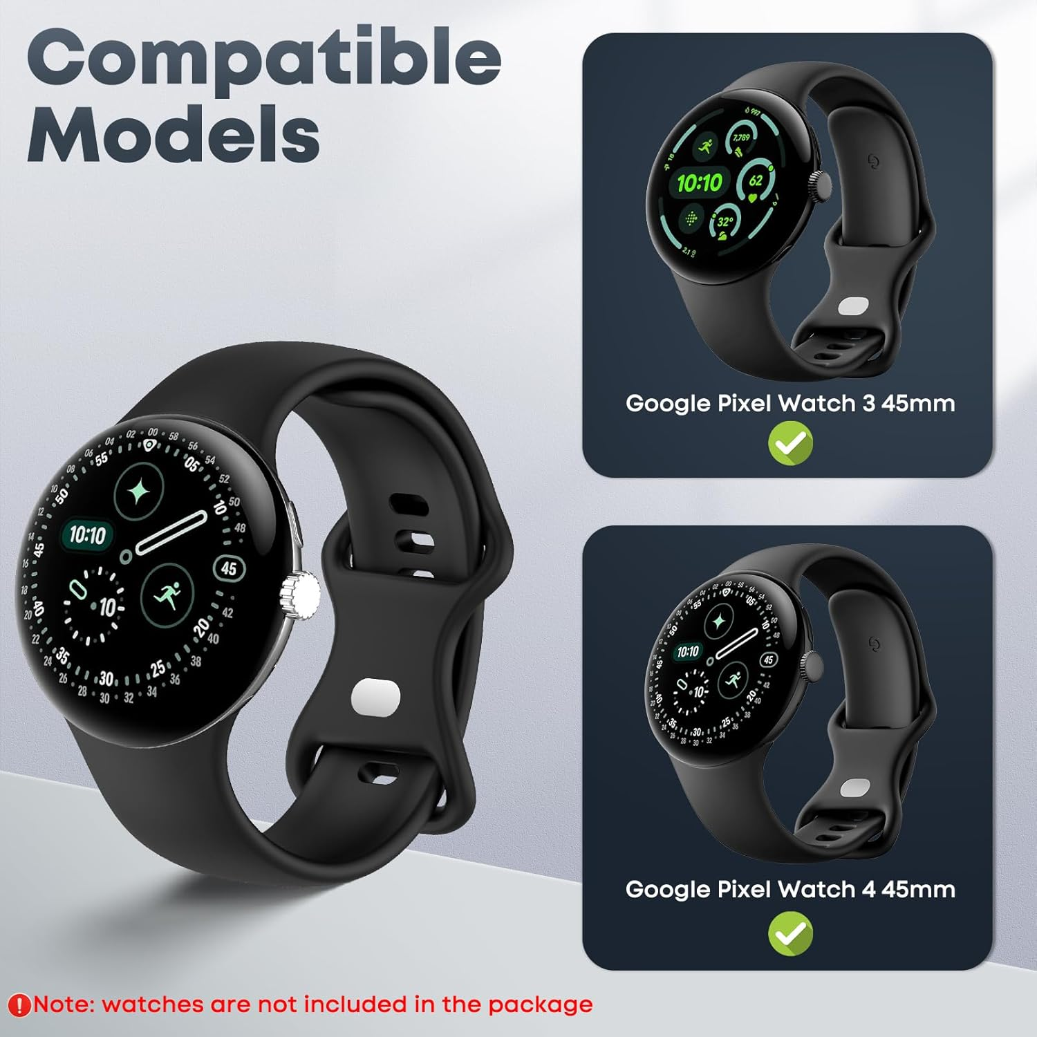 Senmore Pack of 6 Wristbands Compatible with Google Pixel Watch 3 45 Mm/Watch 4 45 Mm, Soft Silicone Sports Waterproof Adjustable Replacement Strap for Smartwatch. (No Hosts)