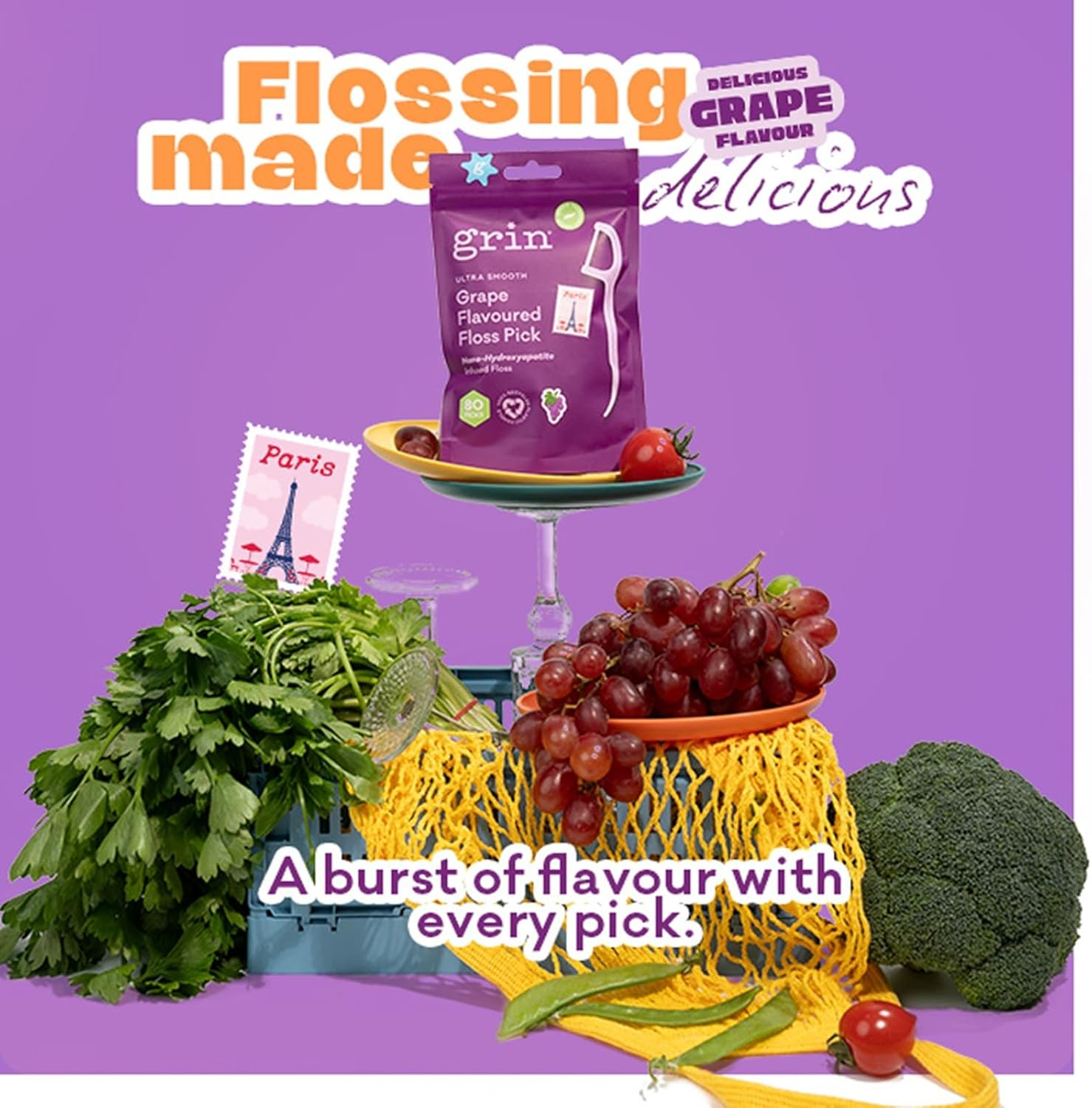 Grin Ultra Smooth Grape Flavoured Floss Picks, 80 Pack, Recycled Plastic Handle, Premium UHMW PE Floss, Nano-Hydroxyapatite Infused image number 2