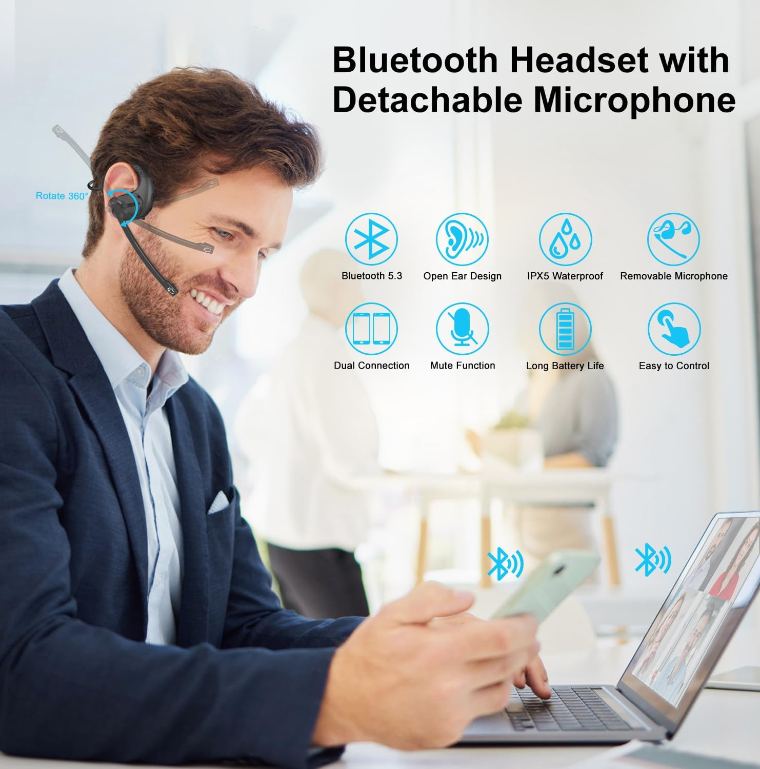 Idigmall Bluetooth Headset with Detachable Microphone, Multi-Point Wireless Headset W/Dsp Noise Canceling Mic for Phone PC Laptop, Comfort & Light Open Ear Headphones for Office Meeting Home Work, 12H image number 1