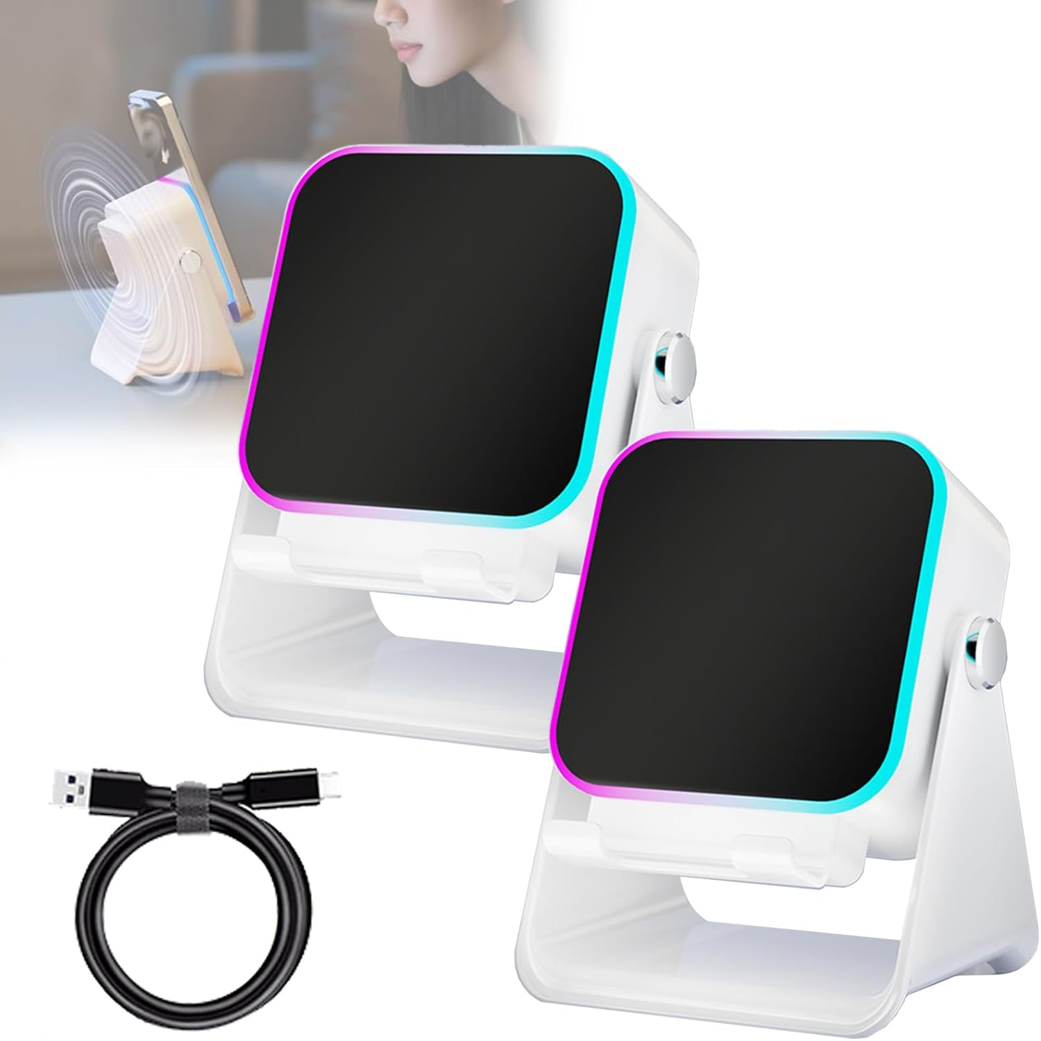 5 in 1 Wireless Induction Bluetooth Speaker, Wireless Induction Speaker with Adjustable Phone Stand, 8 Colors RGB Ambient Light, Bluetooth 5.2, Fast Connect Audio Player (2*White)