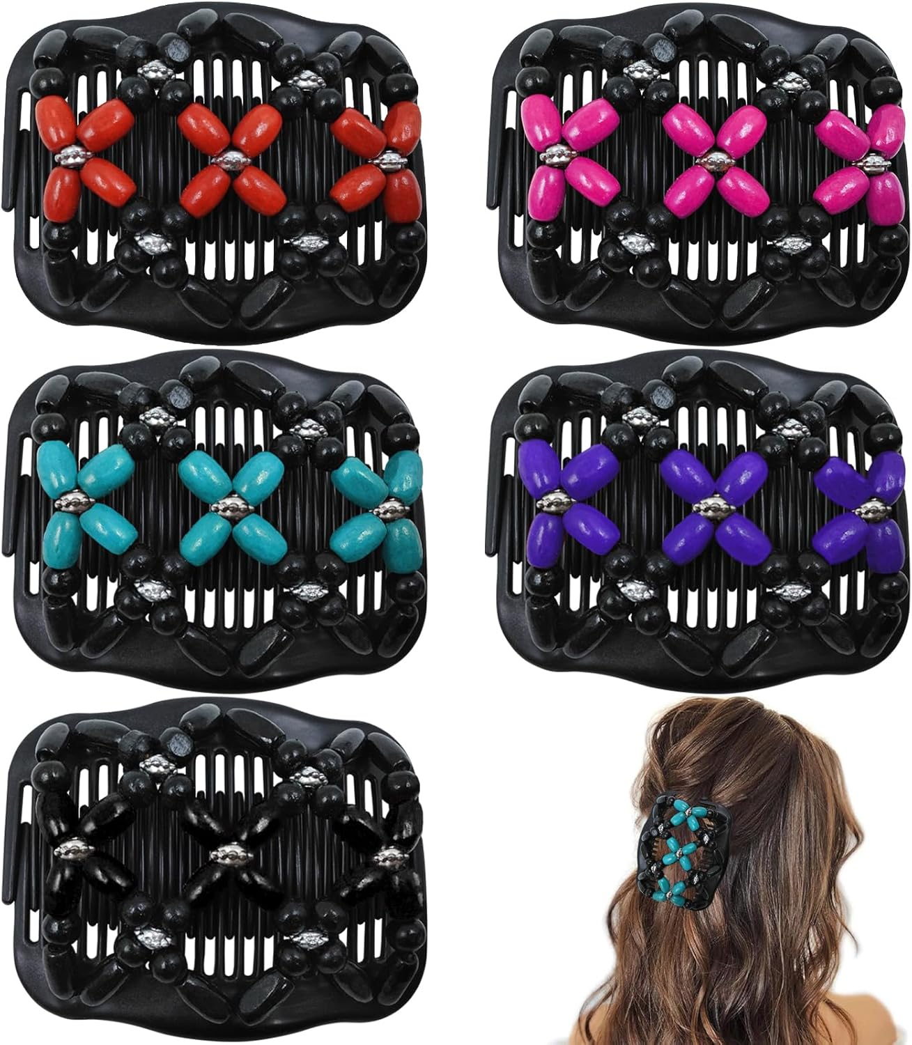 5 Pieces Stretchy Magic Hair Comb Adjustable Elastic Comb Hair Clip for Women Girls No Crease Hair Pins Vintage Hair Bun Maker Hair Accessories for Curly Thick Wavy Hair Ponytail - Black,Brown,White,Blue,Pink image number 3