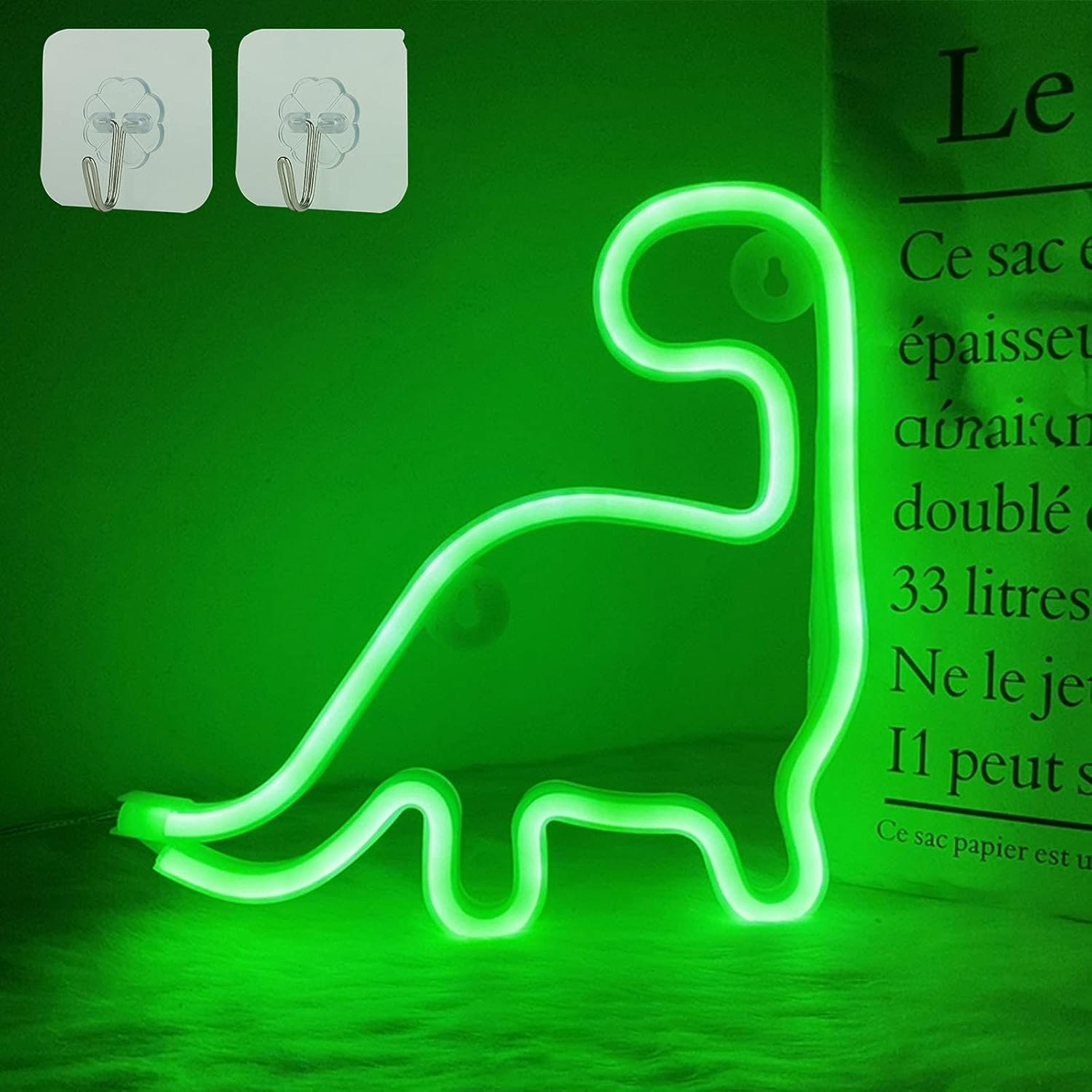 ENUOLI Dinosaur Neon Light Cute LED Neon Sign Green Neon Light Usb&Battery Powered Wall Neon Light Dinosaur Night Light for Kids Bedroom Decor Light up Dinosaur Gifts for Party Xmas Bar image number 2