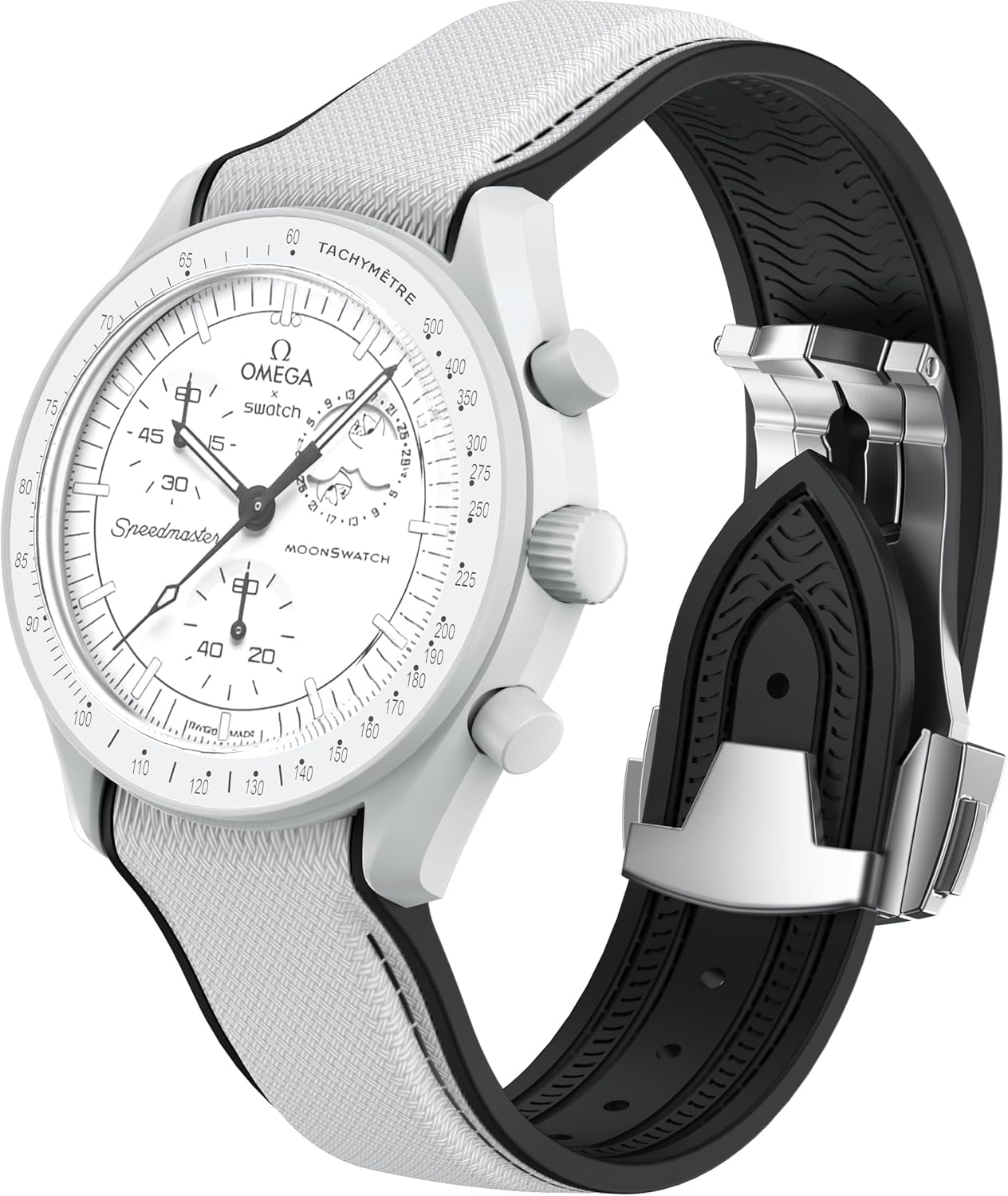 REBANDACE Strap for Omega X Swatch Moonswatch Watch 20Mm,Folding Buckle Strap Compatible Omega Swatch Moonswatch Speedmaster,Curved No Gap Replacement Strap Fo Swatch Omega Men Women - Black image number 2