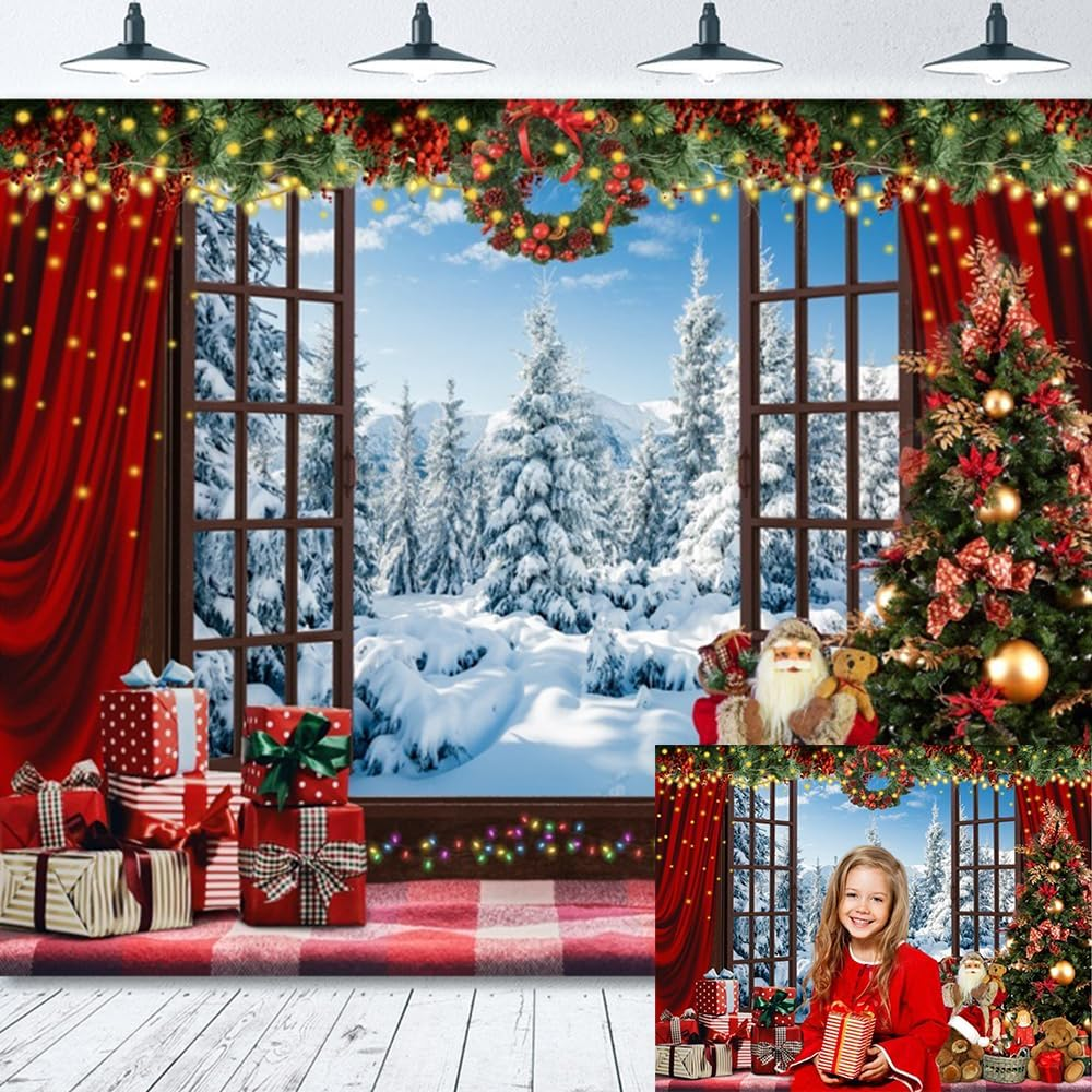 Christmas Backdrop 10X10Ft Wood Barn Winter Christmas Photo Backdrop for Photography Wooden Door Christmas Tree Gifts Snowy Background Kids Adult Family Christmas Eve Party Decoration Props