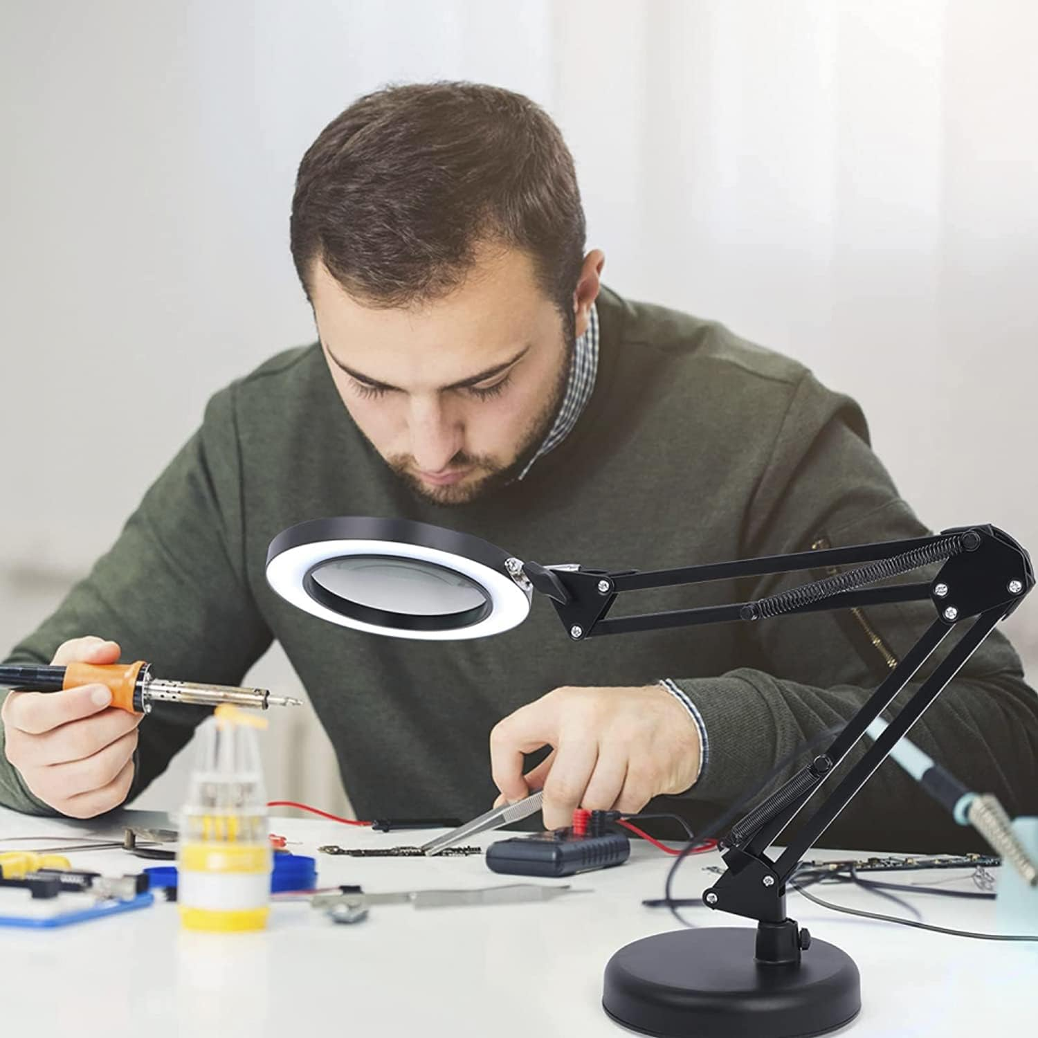 Magnifying Glass with Light and Stand, 8X Real Glass Desk Lamp Clamp, 3 Color Modes Dimmable, LED Lighted Magnifier for Reading Crafts Repair Sewing Close Works image number 1