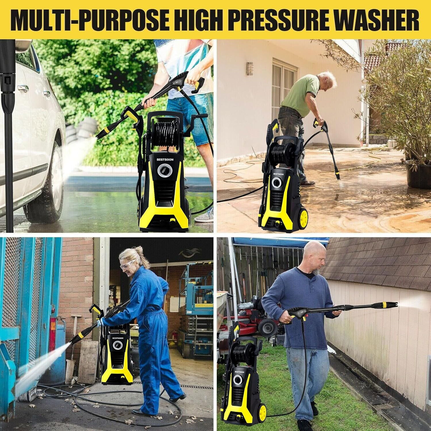 Bestsoon 3600PSI High Pressure Washer, 2200W Electric Power Washer with Spray Gun and Hose Reel, 8M Hose, 6 Nozzles, Brush Head/Rotary Floor Cleaner, Idear for Cleaning & Washing image number 4