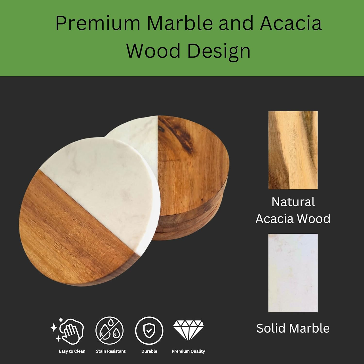 Acacia Wood and Marble Coaster Set of 4 for Coffee Table Decor, Dining Table, Office - Wooden Tabletop Coasters -Premium Drink Coasters for Kitchen, Restaurant, Bar, Caf&eacute; and Christmas Gifting image number 4