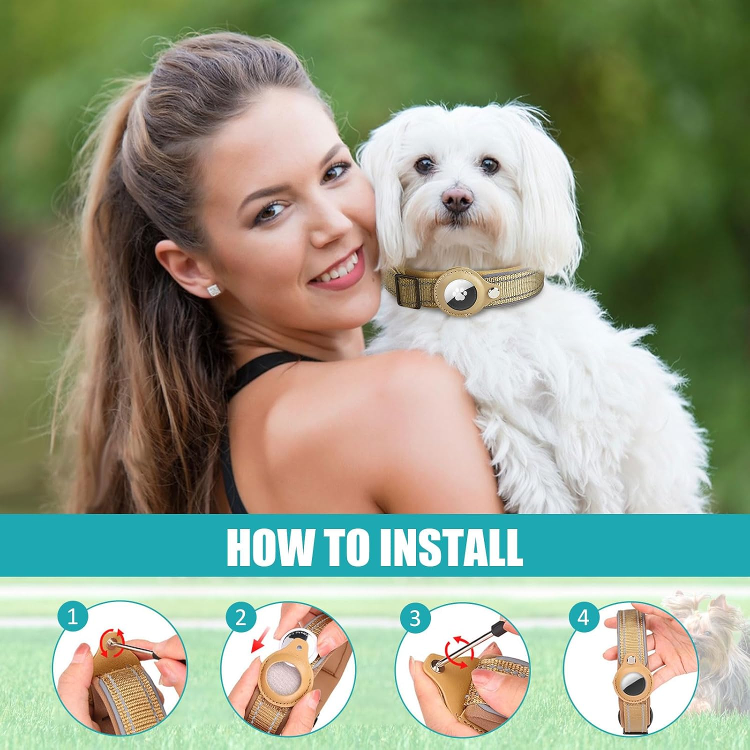 Boloshine Airtag Dog Collar, Adjustable Reflective Nylon Dog Collar, with Quick Release Buckle and Holder for Apple Air Tag, Durable Anti-Lost Dog Collars for Small Medium Large Dogs (Cyan, L) image number 5