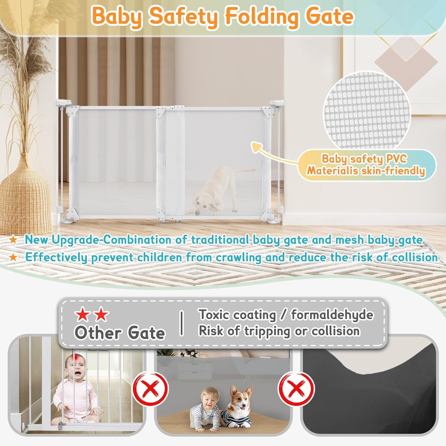 Foldable Baby Gate, Adjustable Baby Gates for Doorways, Dog Gate Adjustable Width 80 to 140Cm, 75Cm Tall Pet Gate One Handed Operation, Mesh Safety Gate for Stairs/Hallways/Outdoor/Indoor image number 4