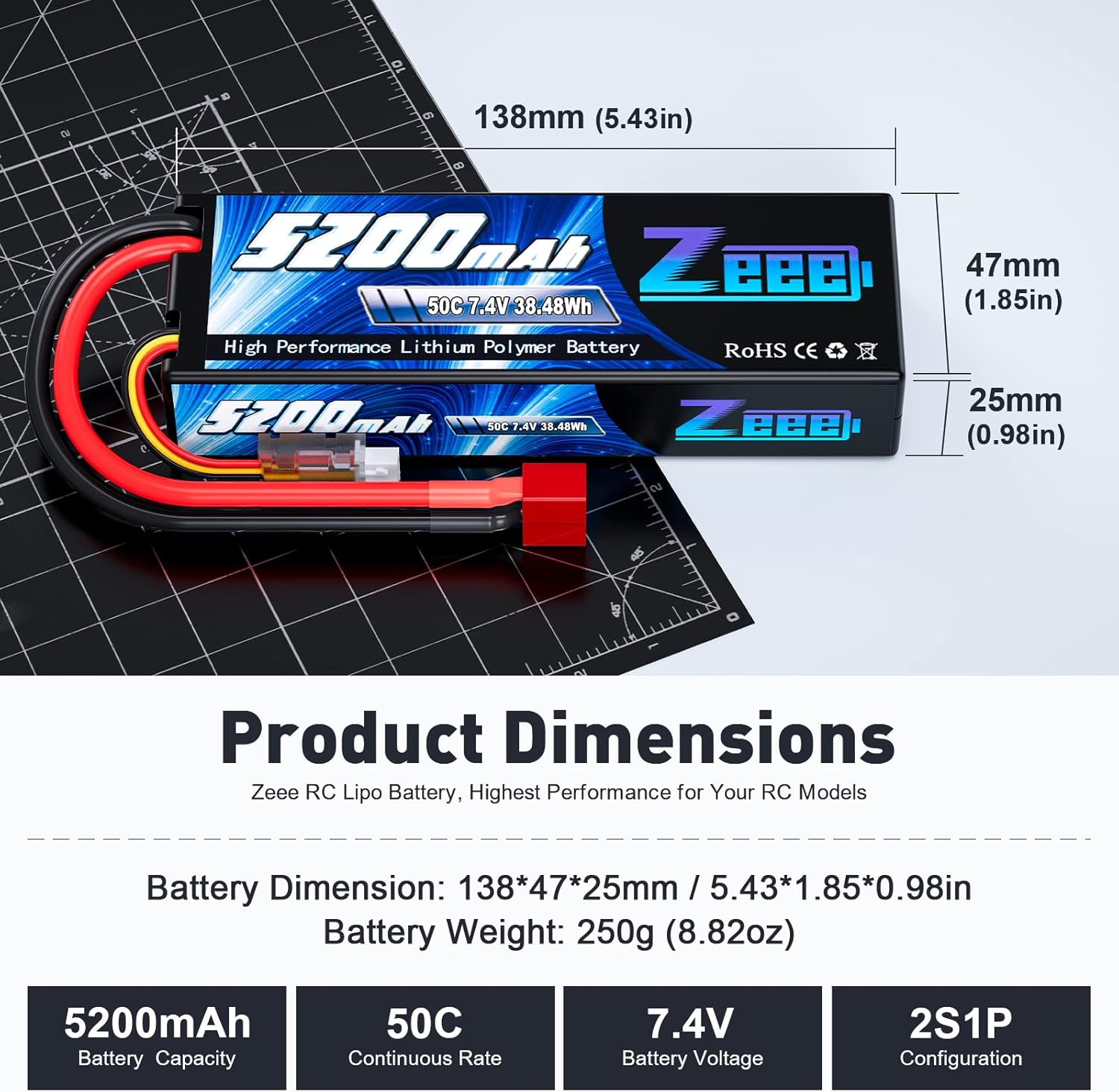 Zeee 2S Lipo Battery 7.4V 5200Mah 50C Hard Case Battery with T Connector for RC Truck Truggy Heli Airplane Drone FPV Racing image number 5