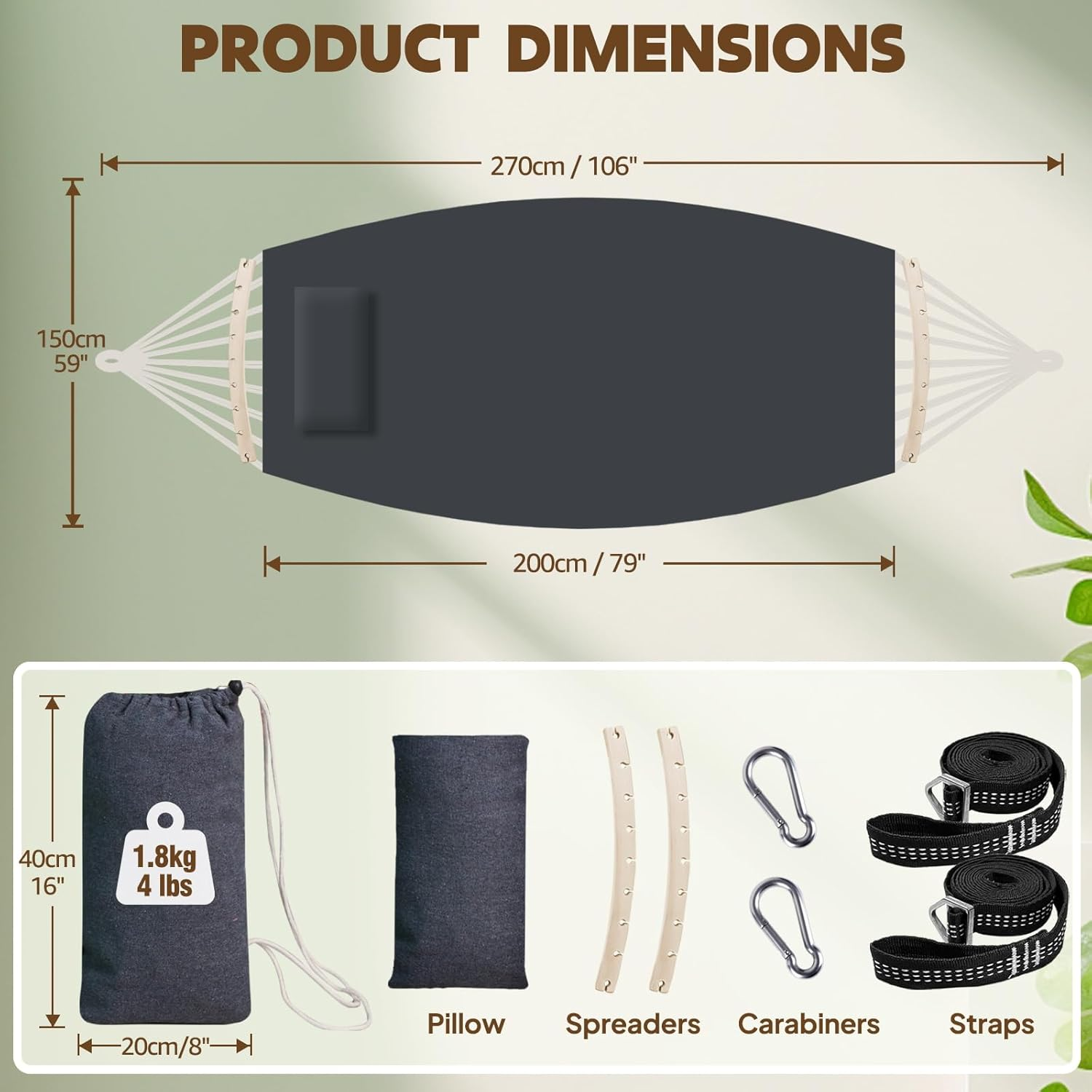 Chihee Cotton Hammock Large Soft Breathable Camping Hammock Holds up to 660Lbs Portable Tree Hammock with Detachable Spreader Bar Pillow 2 Strong Webbings 2 Carabiners Patio Garden Indoor Outdoor image number 1