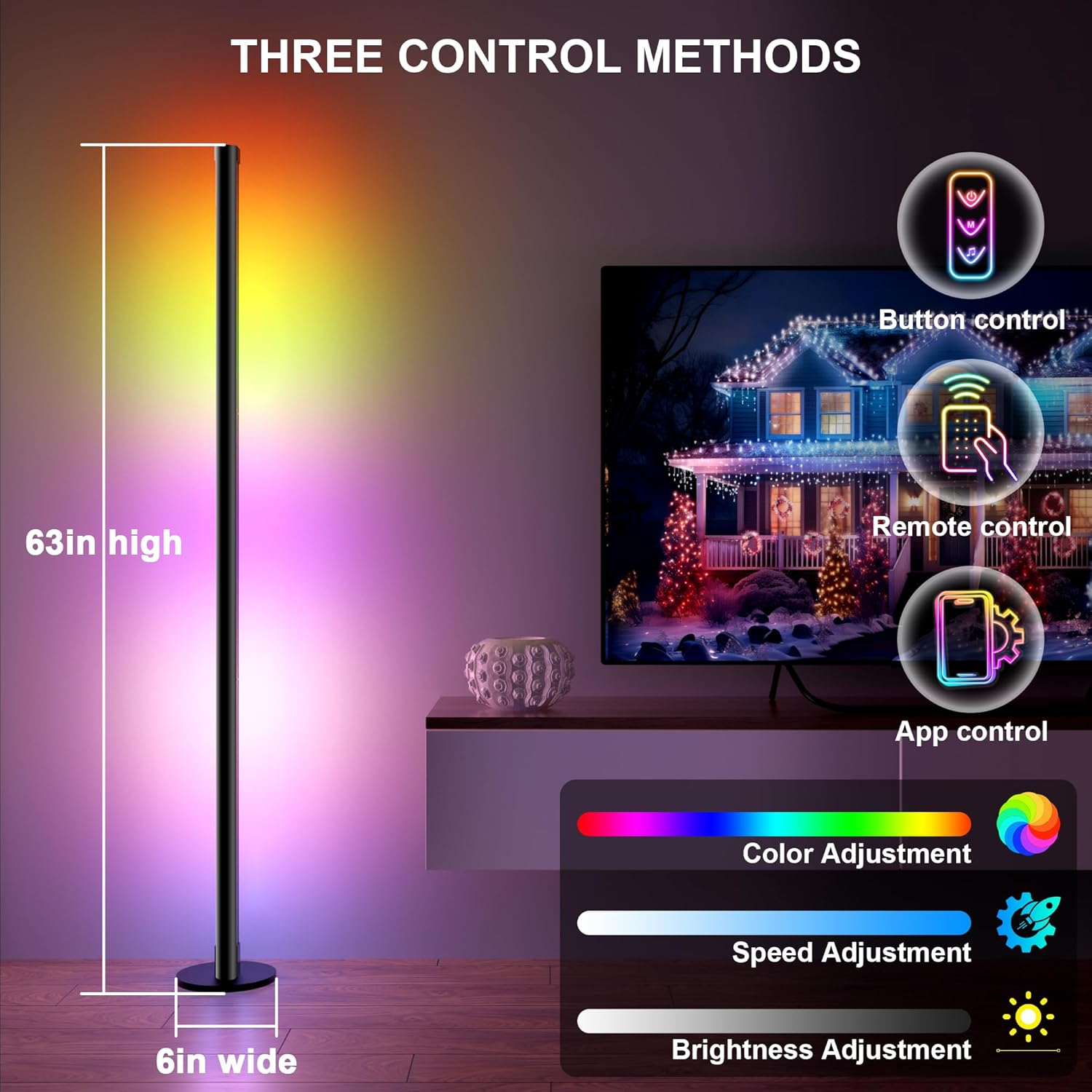 Cozylady 63&rdquo;RGB Floor Lamp, 160Cm LED Corner Lamp with Music Sync,16 Million DIY Colors, Timing, Dimmable Corner Light with App/Remote Control for Living Room Bedroom Gaming Room Decor image number 2