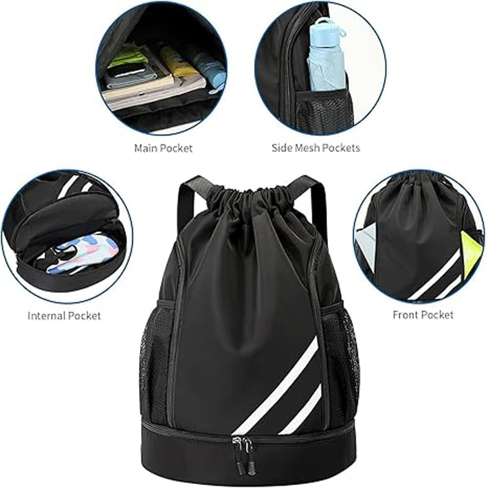 Water Resistant Drawstring Backpack with Shoe Compartment and Side Mesh Pockets for Gym and Sports - Suitable for Both Women and Men image number 1