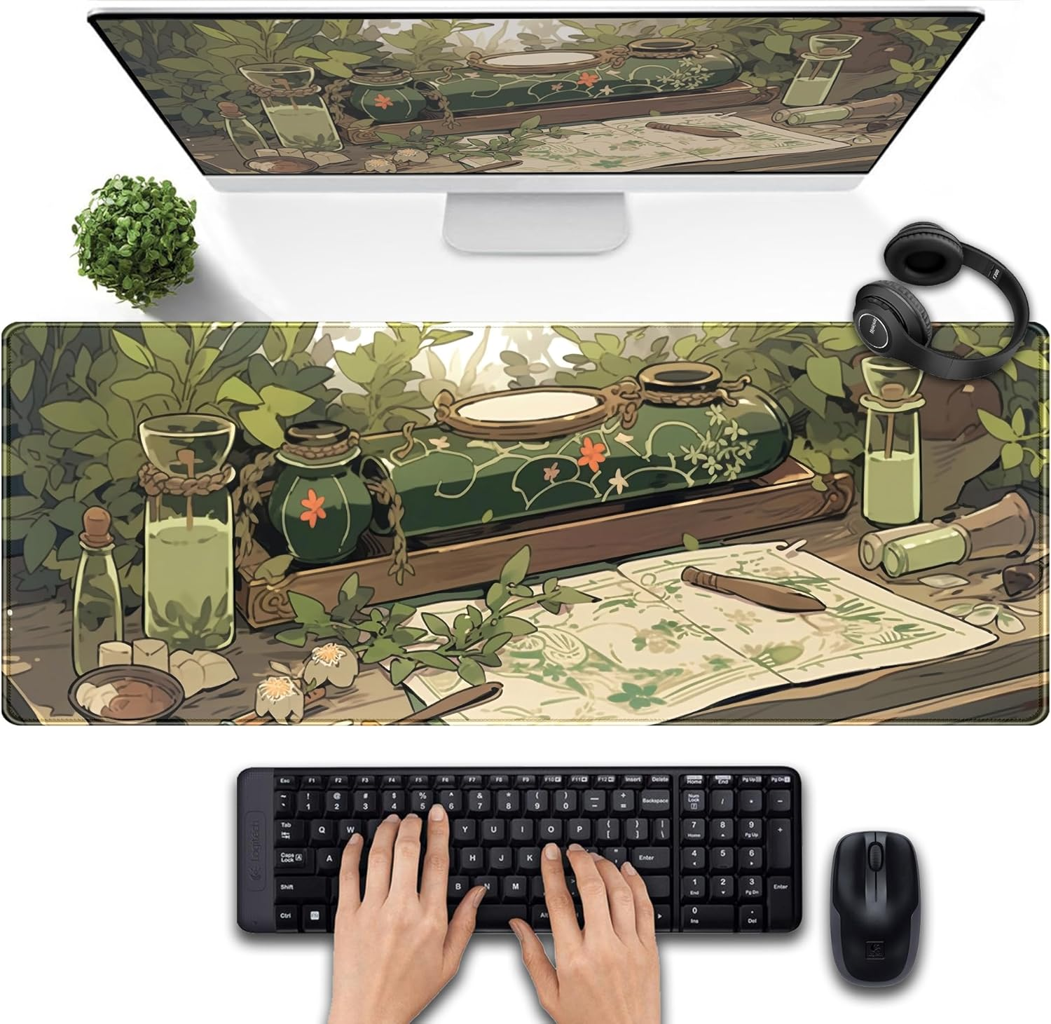 Kawaii Rainy Night Desk Mat Green Plants Gaming Mouse Pad XL, Aesthetic Anime Black Cat Desk Pad Laptop Computer Keyboard Mouse Mat, Desktop Decor Accessories for Girl Women Office 31.5"X11.8"