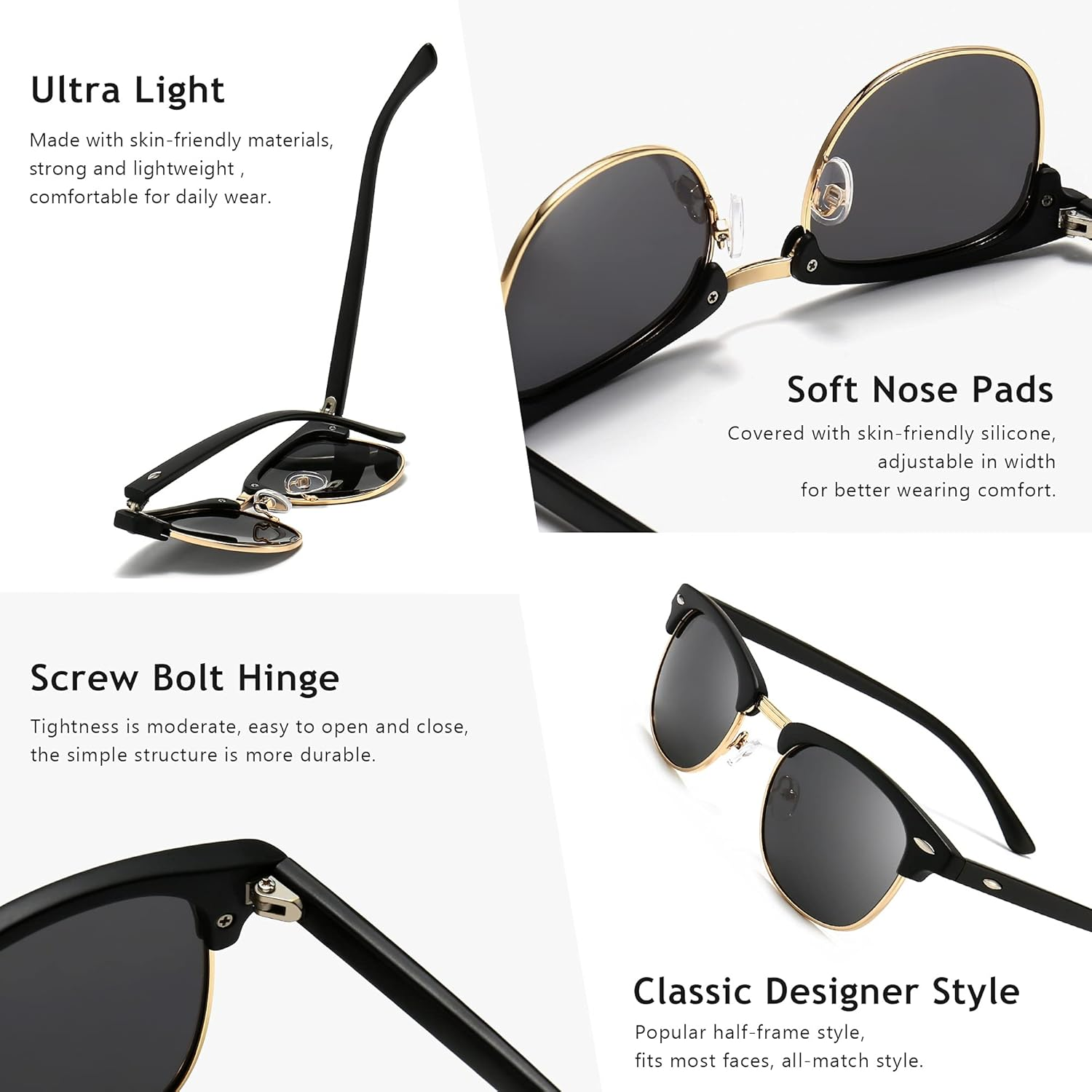 SUNGAIT 80S Sunglasses Retro Semi Rimless Clubmaster for Men Women image number 6