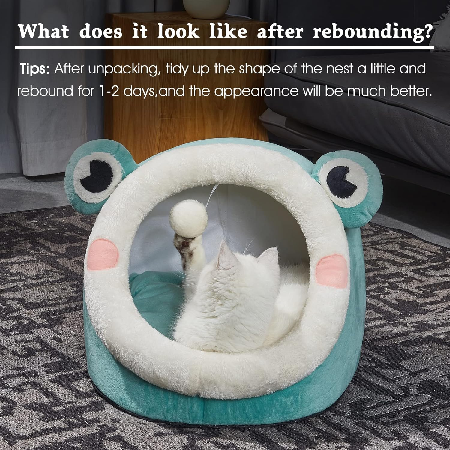 Jiupety Cute Cat Bed, Indoor Lovely Velvet Igloo for Cat and Small Dog, Warm Cave Sleeping Nest Bed for Puppy and Kitten, Green Frog, M image number 5