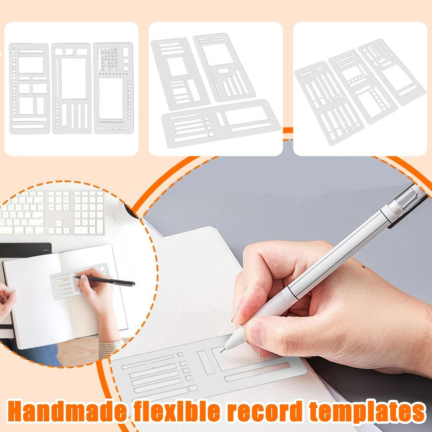 Afeamo Handmade Flexible Record Template, 3PCS Transparent Planner Stencils Set, Flexible Drawing and Checklist Templates, Tear Resistance Journal Stencils, for Dot Grid Journals image number 2