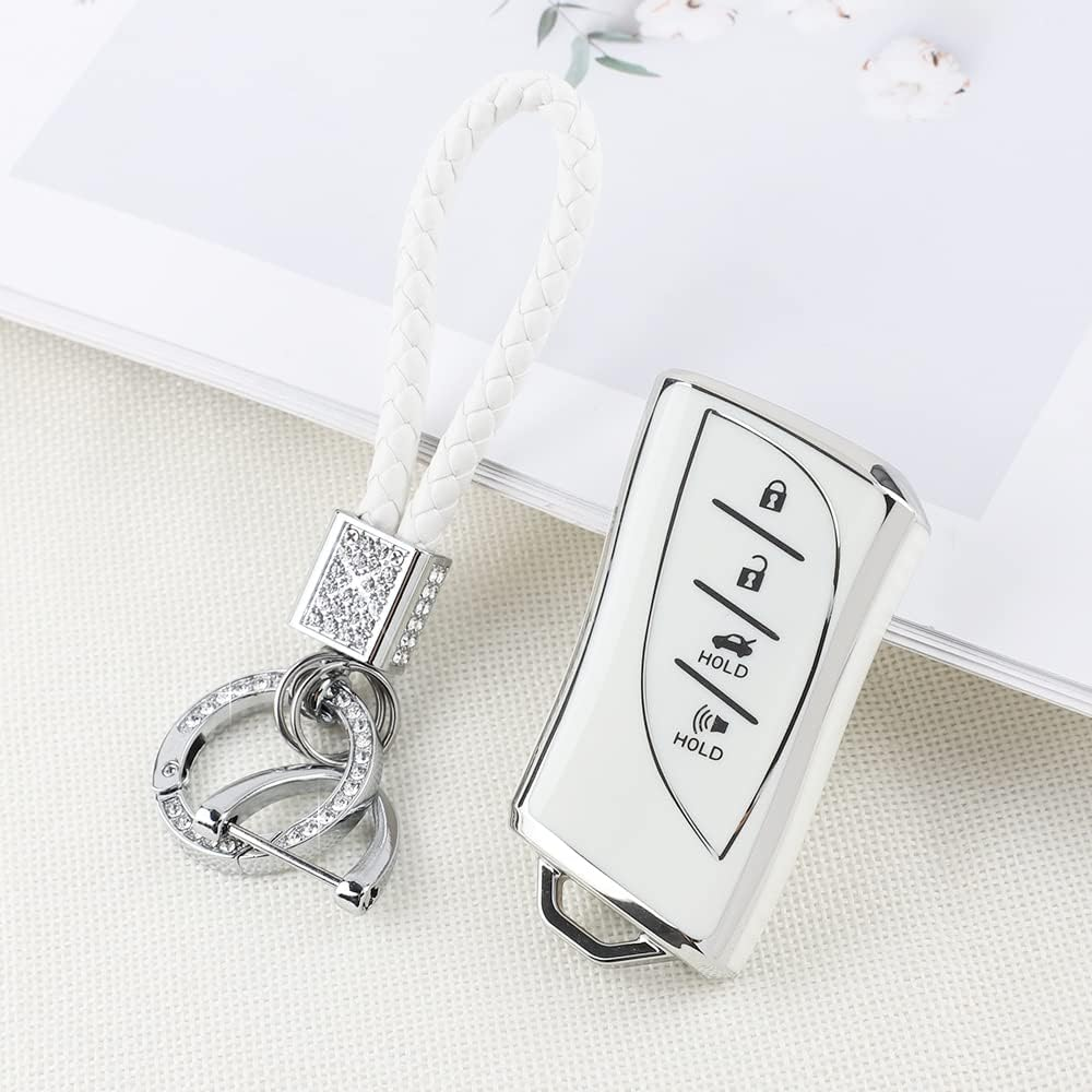PIFOOG Lexus Key Fob Cover Bling Keychain TPU Car Keys Case Shell Protector Protection for Lexus GX ES NX LC RC LS UX Accessories 4 Buttons, White and Silver Edge, for Lexus image number 3