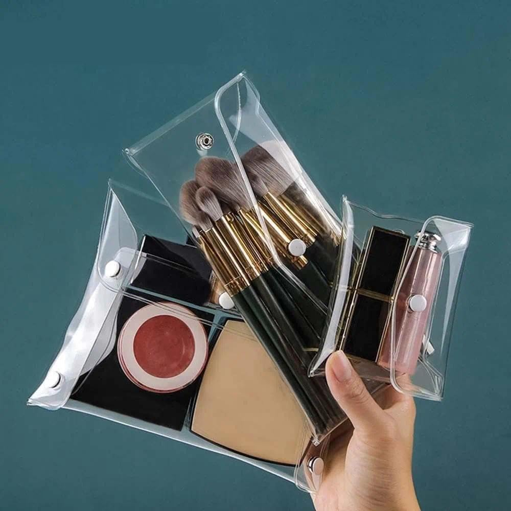 Mini Clear Makeup Bag Small Pouch - Transparent PVC Cosmetic Organizer for Travel, Bathroom Storage, 3 Pcs with Snap Closure, Travel Accessories, Ruibex