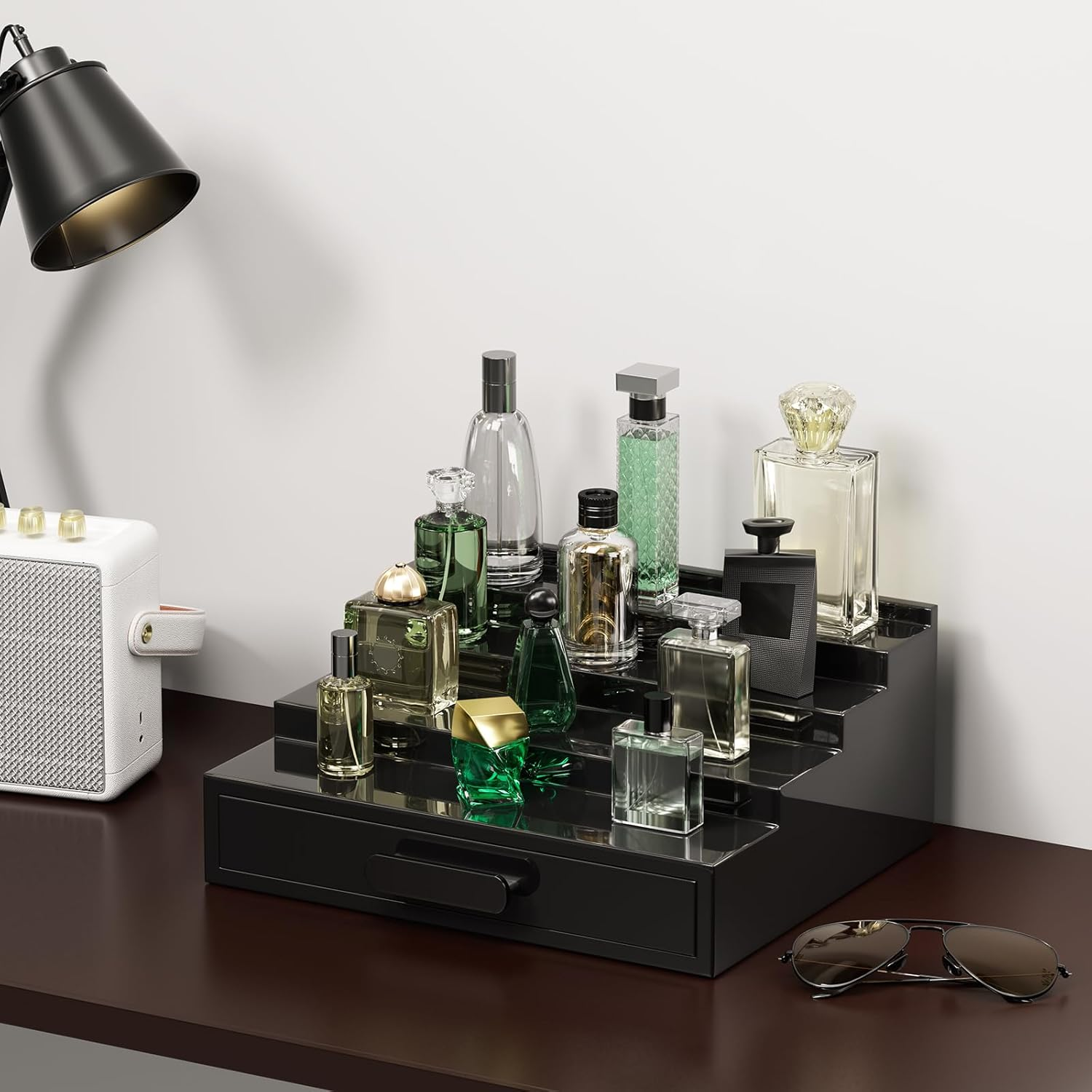 Procase 4 Tiers Lacquered Finish Wooden Cologne Organizer for Men, Perfume Display Stand Shelf with Drawer, Men'S Cologne Storage Rack, a Perfect Cologne Holder for Men -Black image number 2